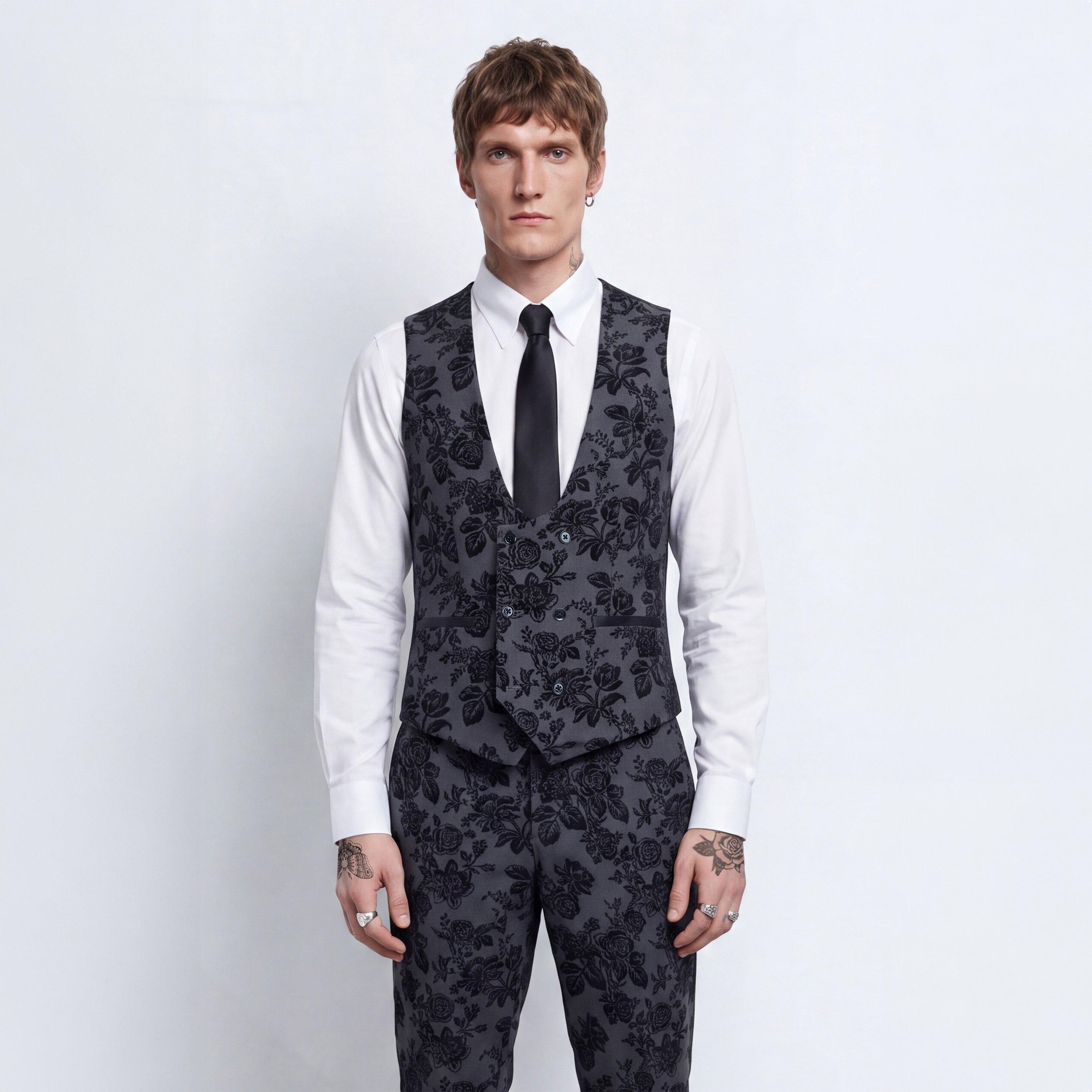 Charcoal - Twisted Tailor - Fleet Skinny Fit Black Floral Waistcoat - 2