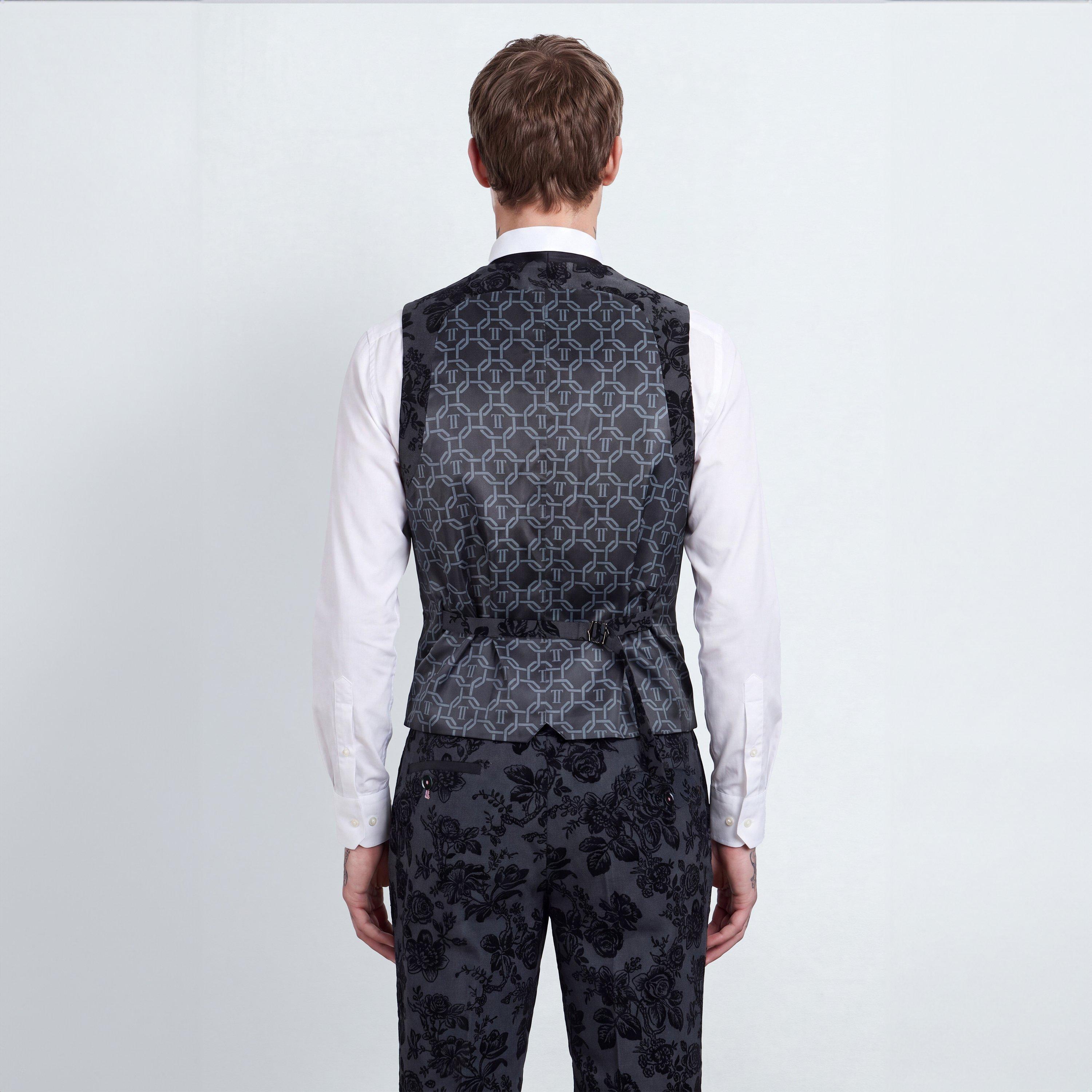 Charcoal - Twisted Tailor - Fleet Skinny Fit Black Floral Waistcoat - 3