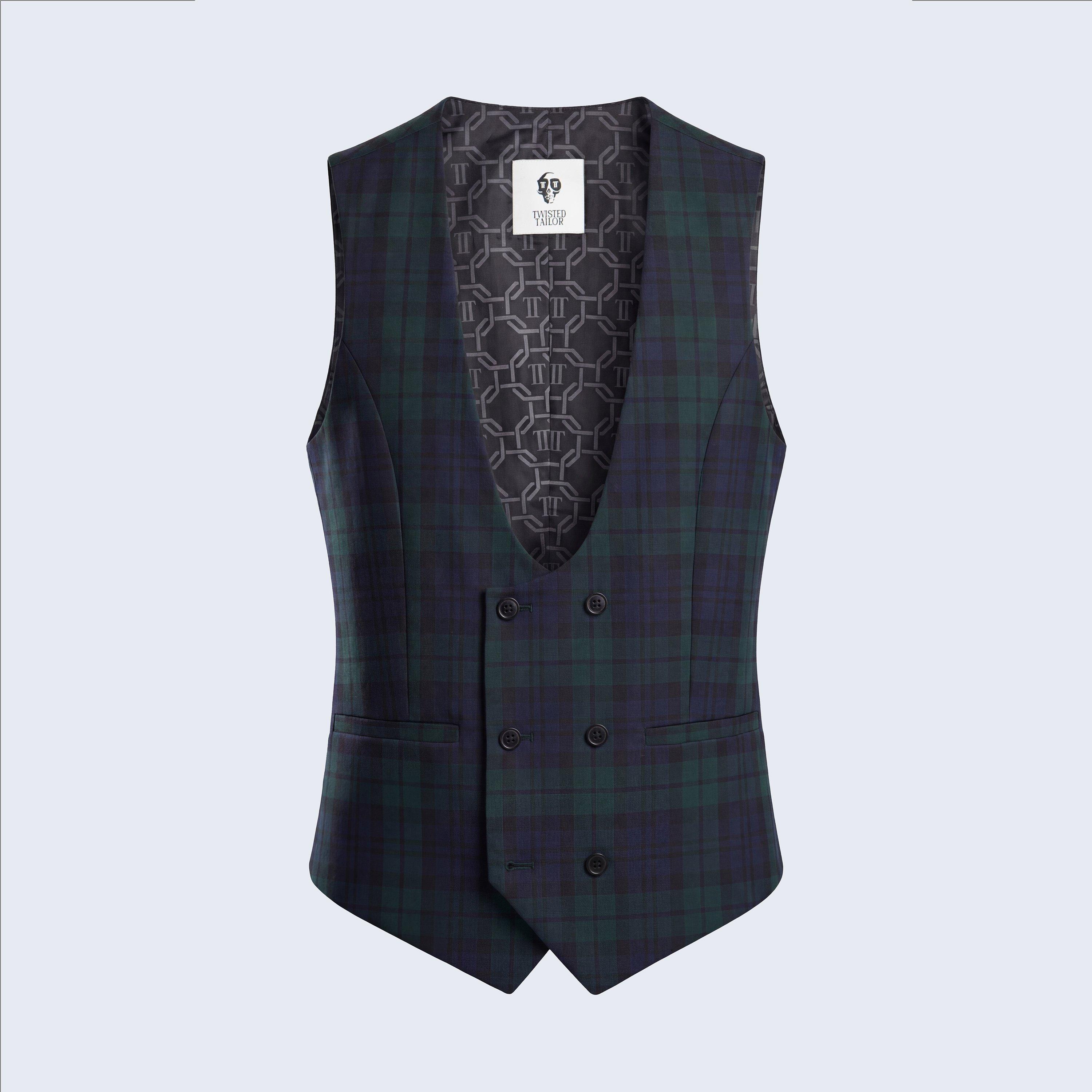 Green - Twisted Tailor - Ginger Slim Fit Green Tartan Waistcoat - 1