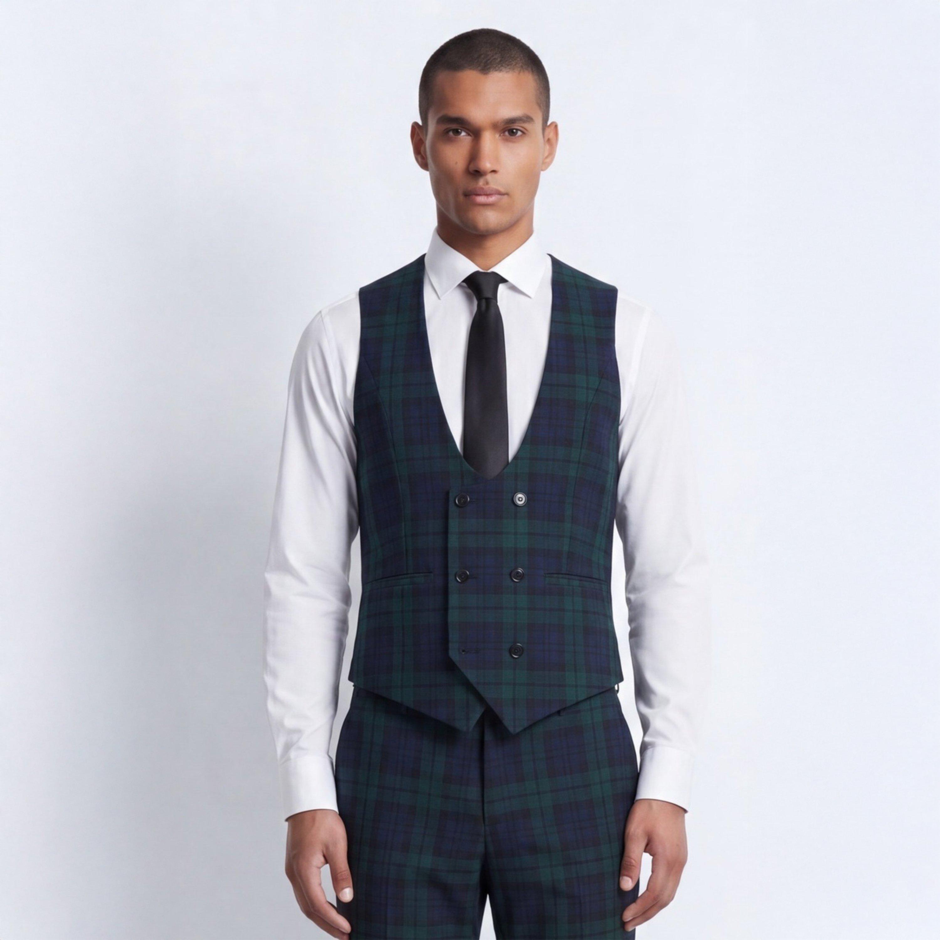 Green - Twisted Tailor - Ginger Slim Fit Green Tartan Waistcoat - 2