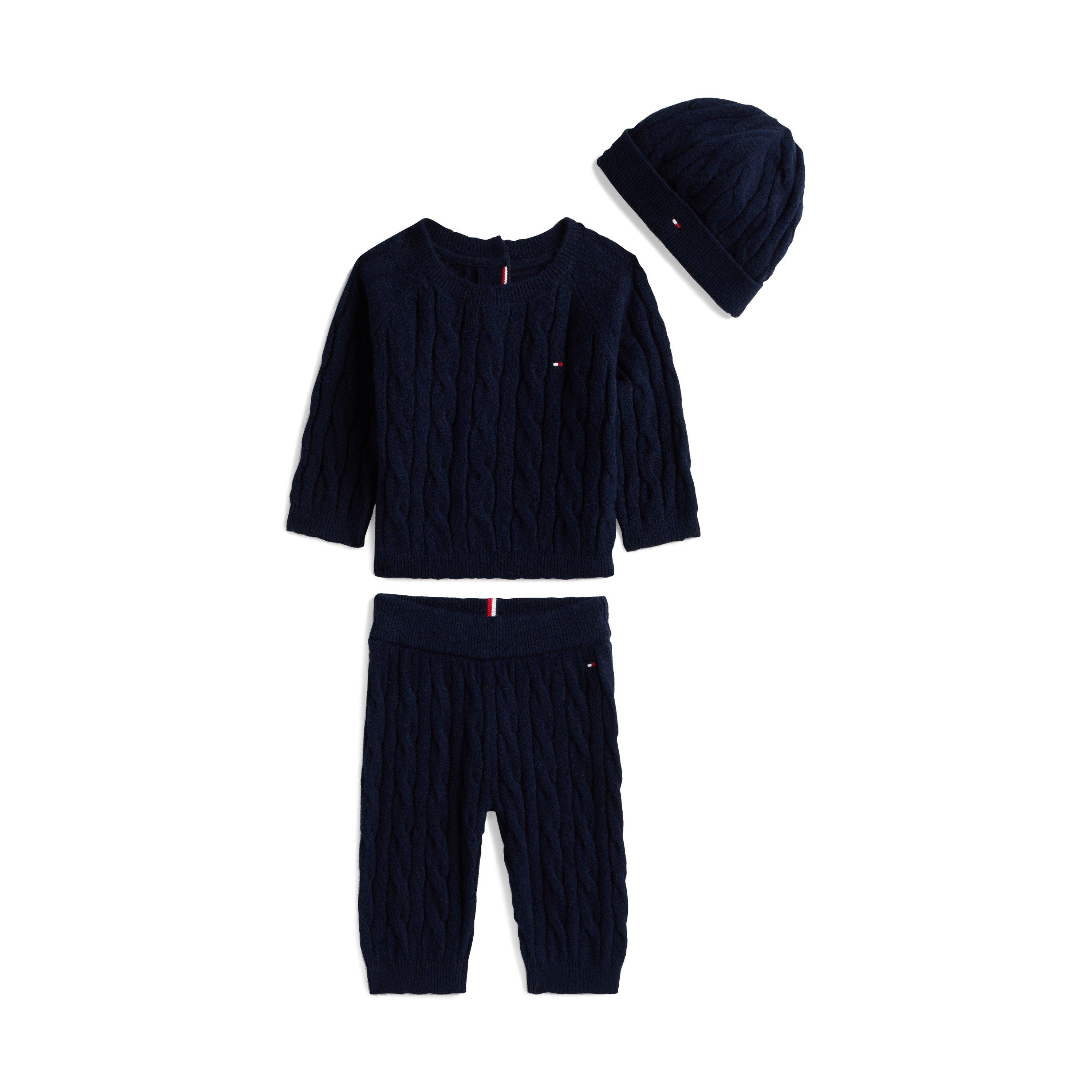 Tommy Hilfiger Kids' Cable Knit Jumper Trousers And Beanie Clothing Set Blue 6M(68) - Image 2