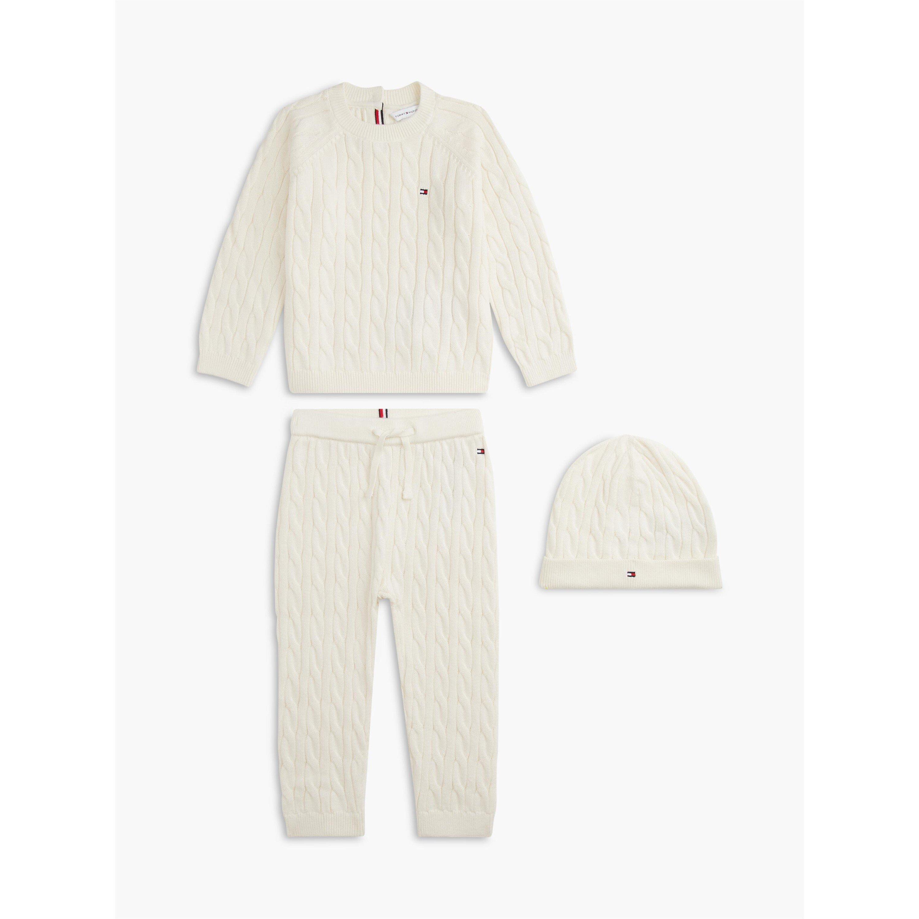 Tommy Hilfiger Newborn Kids' Cable Knit Jumper Trousers And Beanie Clothing Set - Ivory Petal Z00 - 3M(62)