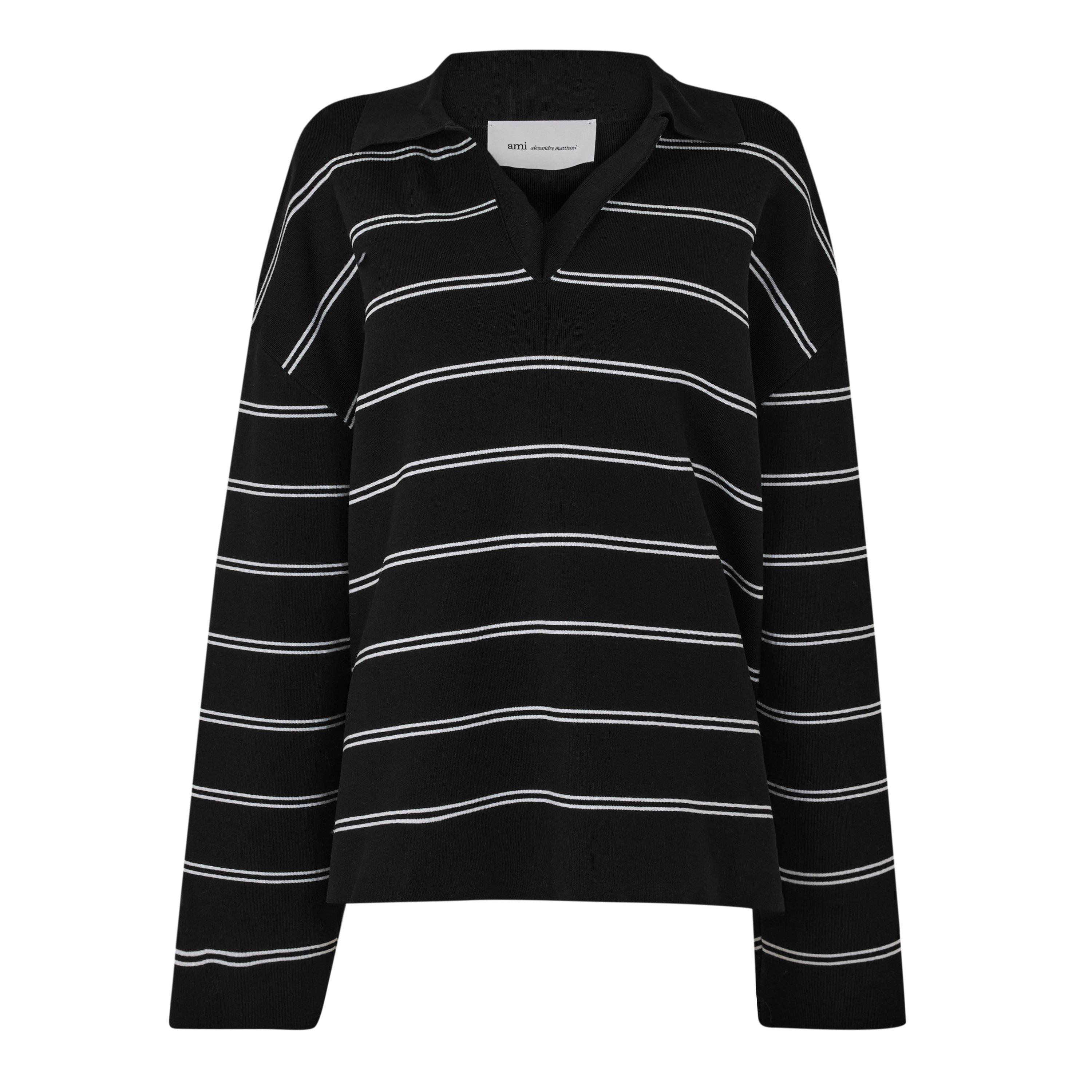 Black/White - Ami Paris - Ami Striped LS Polo Ld64 - 1