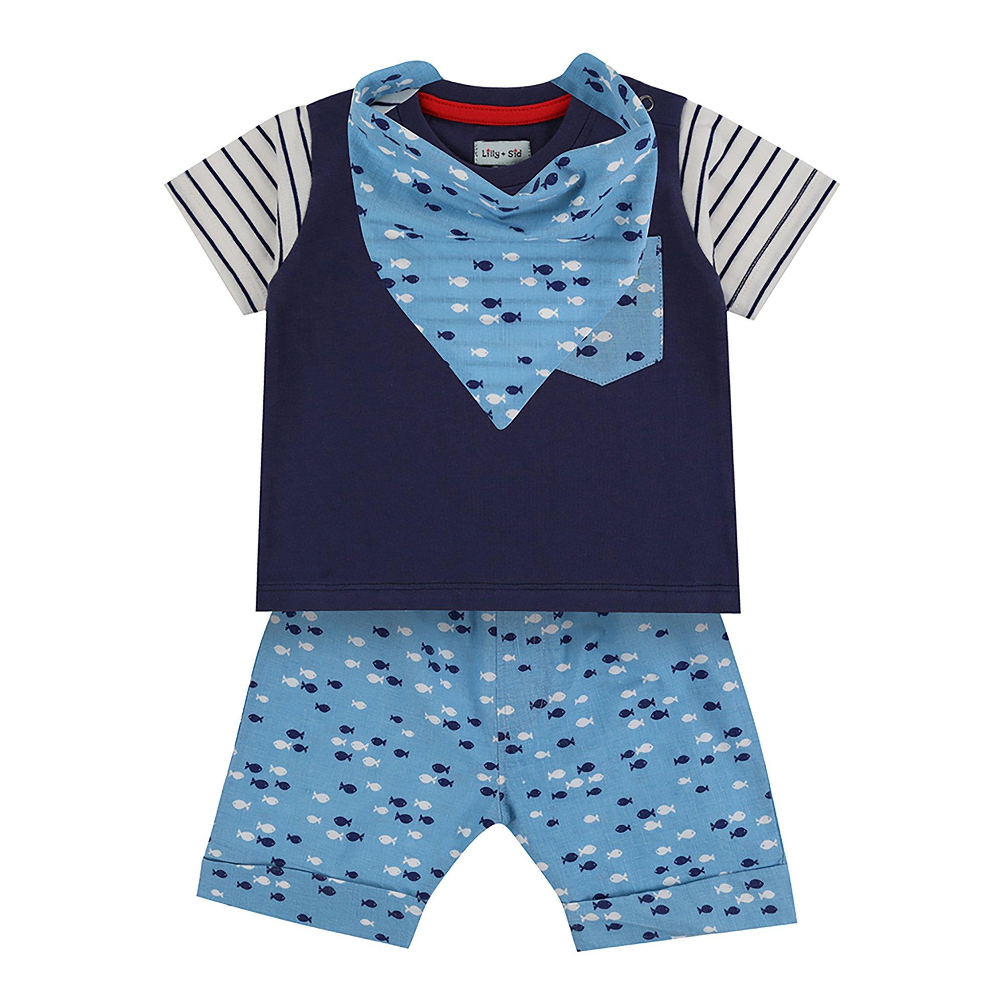 Mehrfarbig - Lilly and Sid - & Sid Blue Fish Print Top Short And Bib Set - 1