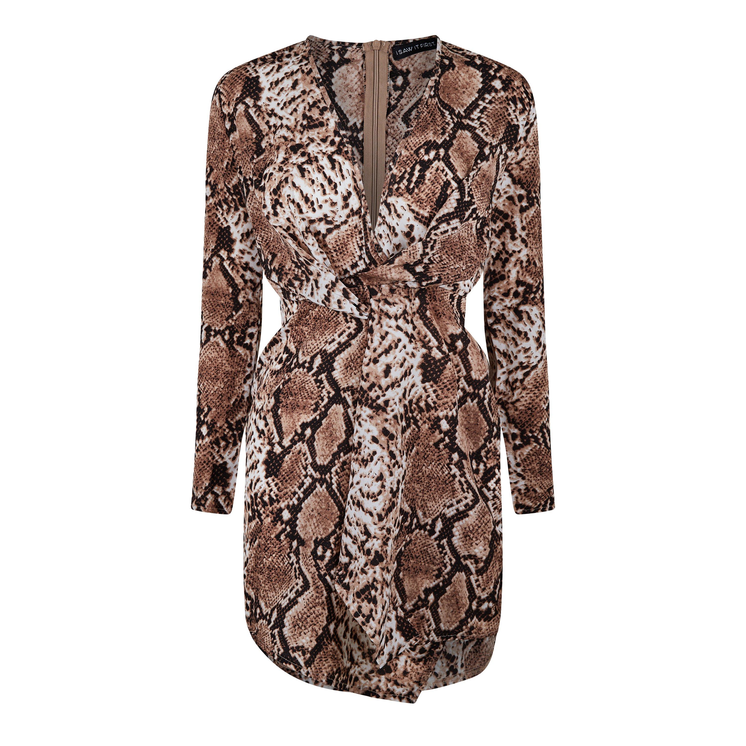 Brun - I Saw It First - ISAWITFIRST Woven Snake Print Plunge Neck Knot Front Dress - 1