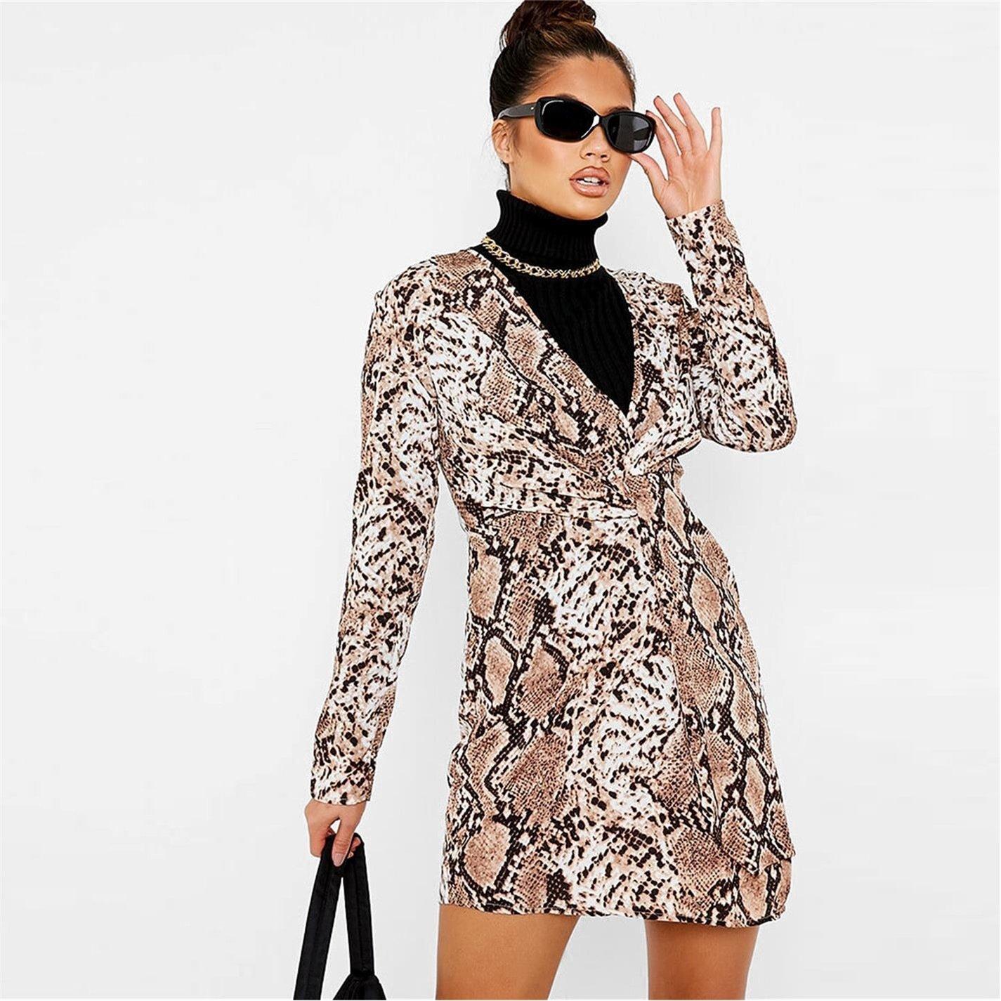 Brun - I Saw It First - ISAWITFIRST Woven Snake Print Plunge Neck Knot Front Dress - 4