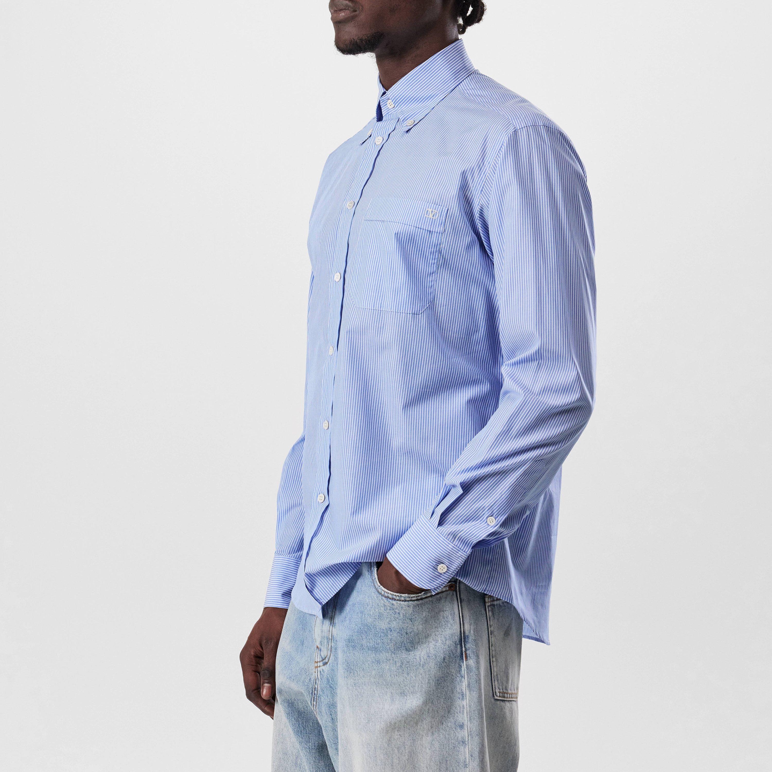 Blue/White - Valentino - Embroidered V-Logo Signature Striped Shirt - 2