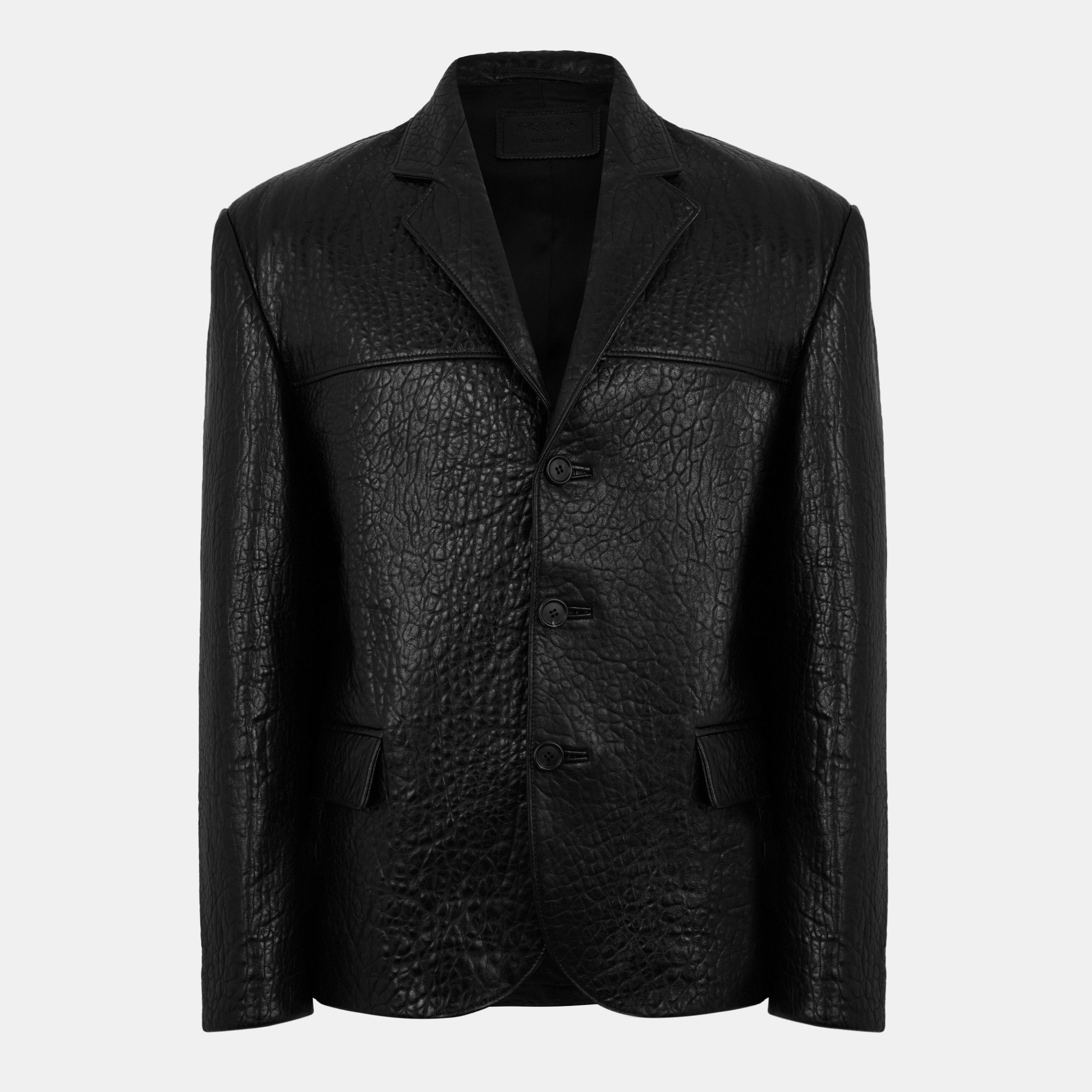 Black - Prada - Men's Nappa Single-Breasted Long Sleeve Leather Jacket - 1