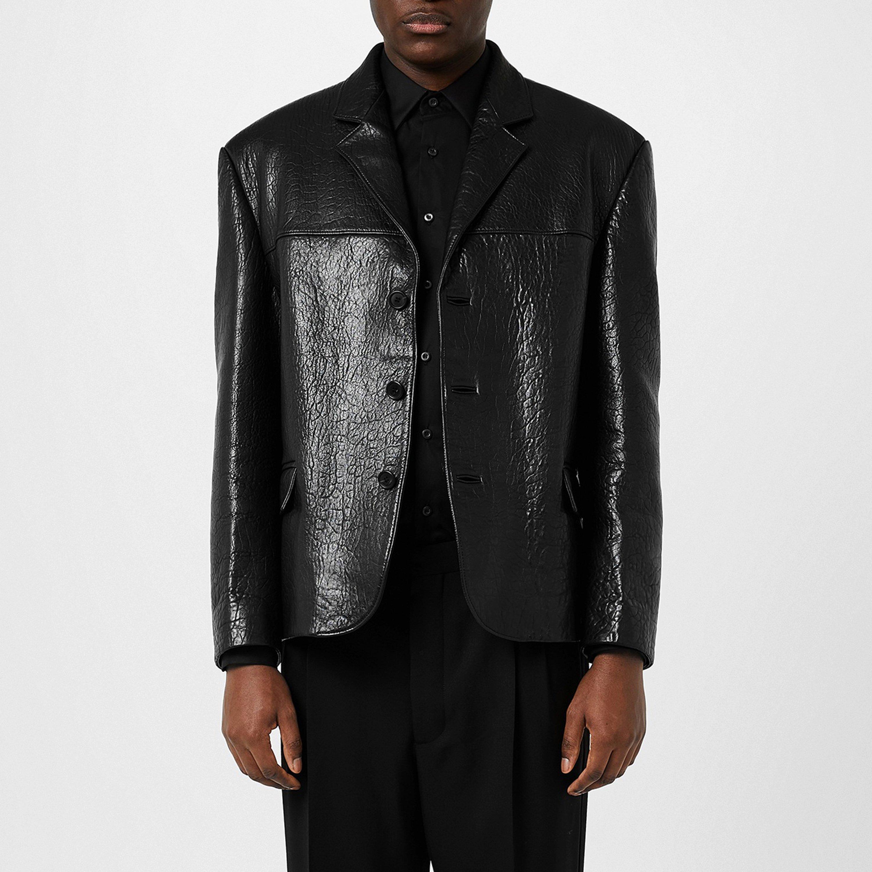 Black - Prada - Men's Nappa Single-Breasted Long Sleeve Leather Jacket - 3