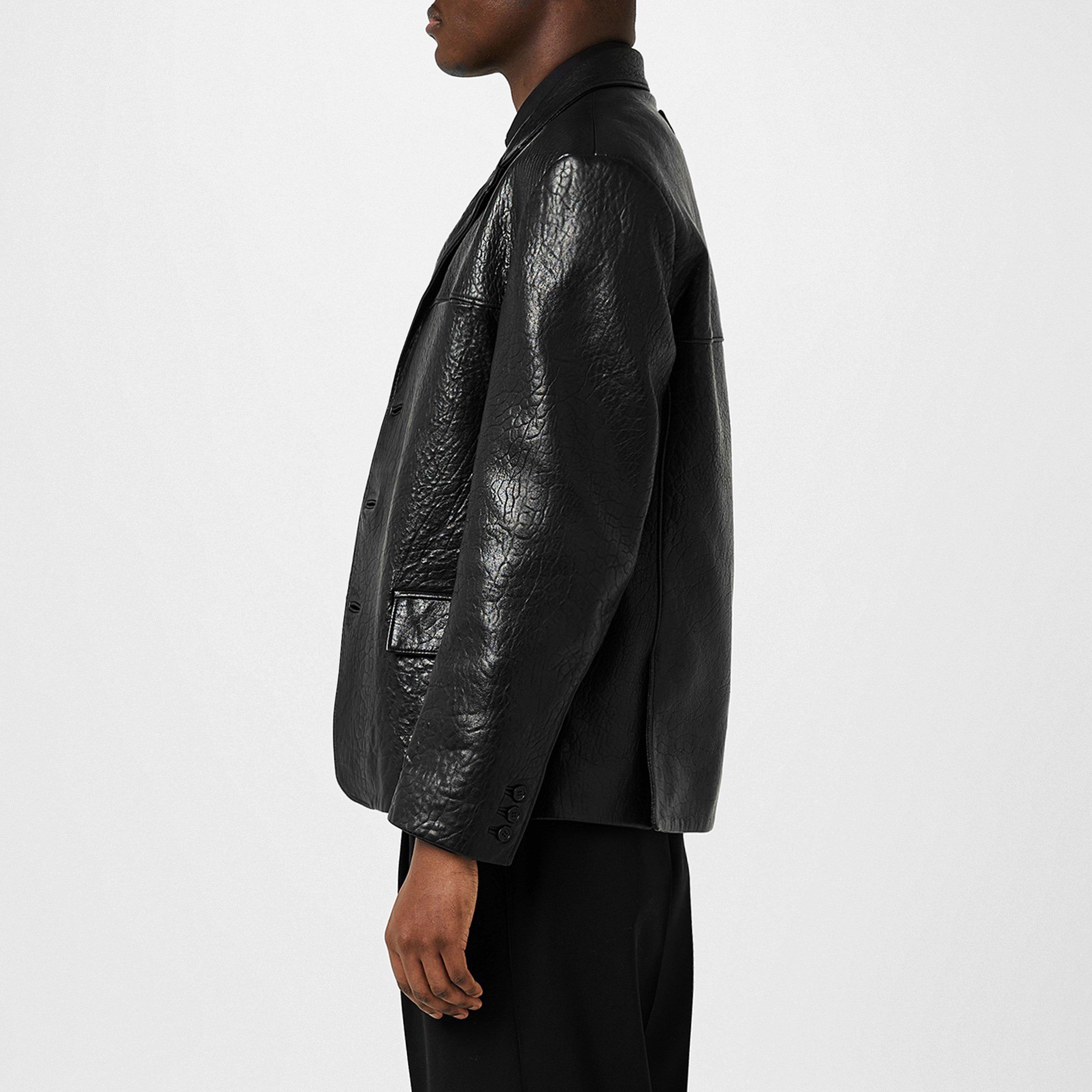 Black - Prada - Men's Nappa Single-Breasted Long Sleeve Leather Jacket - 5