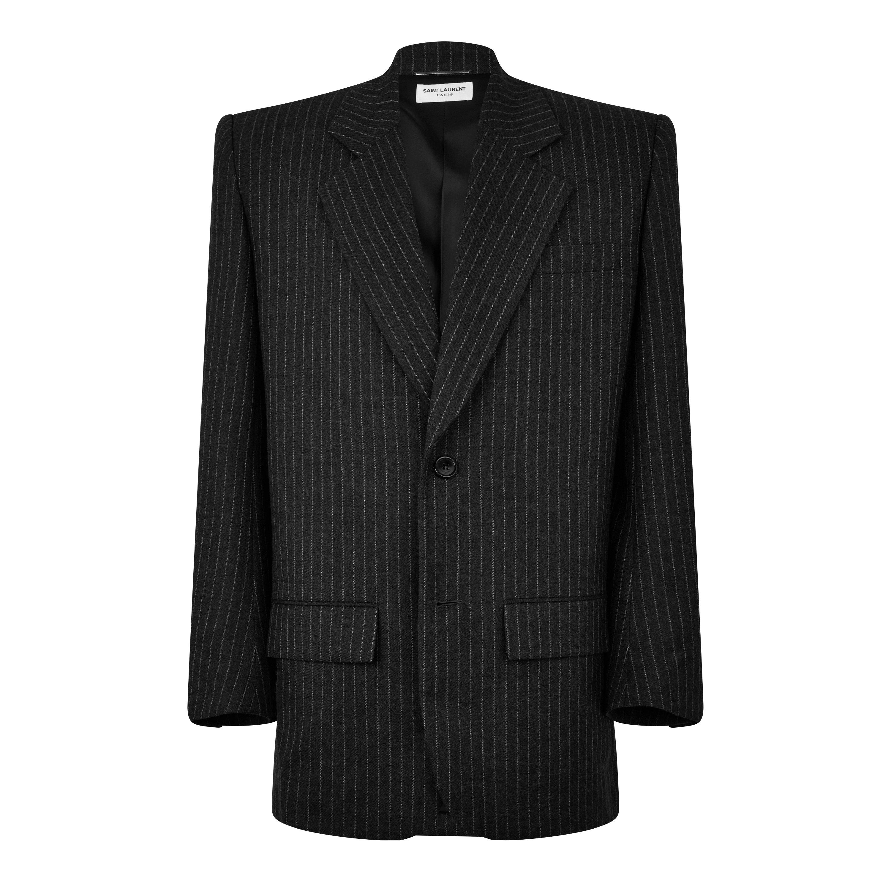 Gris Blanc - Saint Laurent - Men's Over-Sized Wool Pinstripe Double-Breasted Long Sleeve Blazer - 5