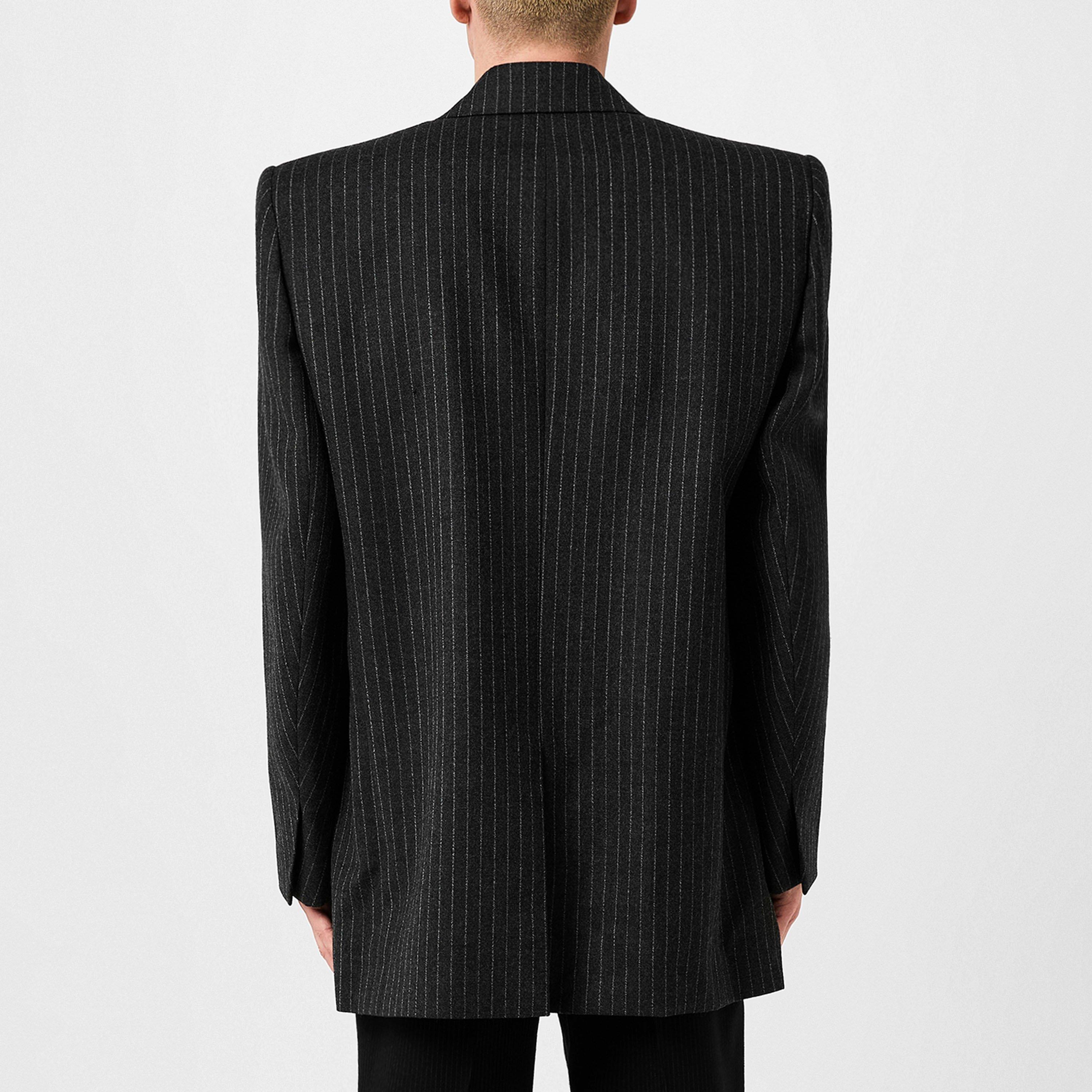 Gris Blanc - Saint Laurent - Men's Over-Sized Wool Pinstripe Double-Breasted Long Sleeve Blazer - 3