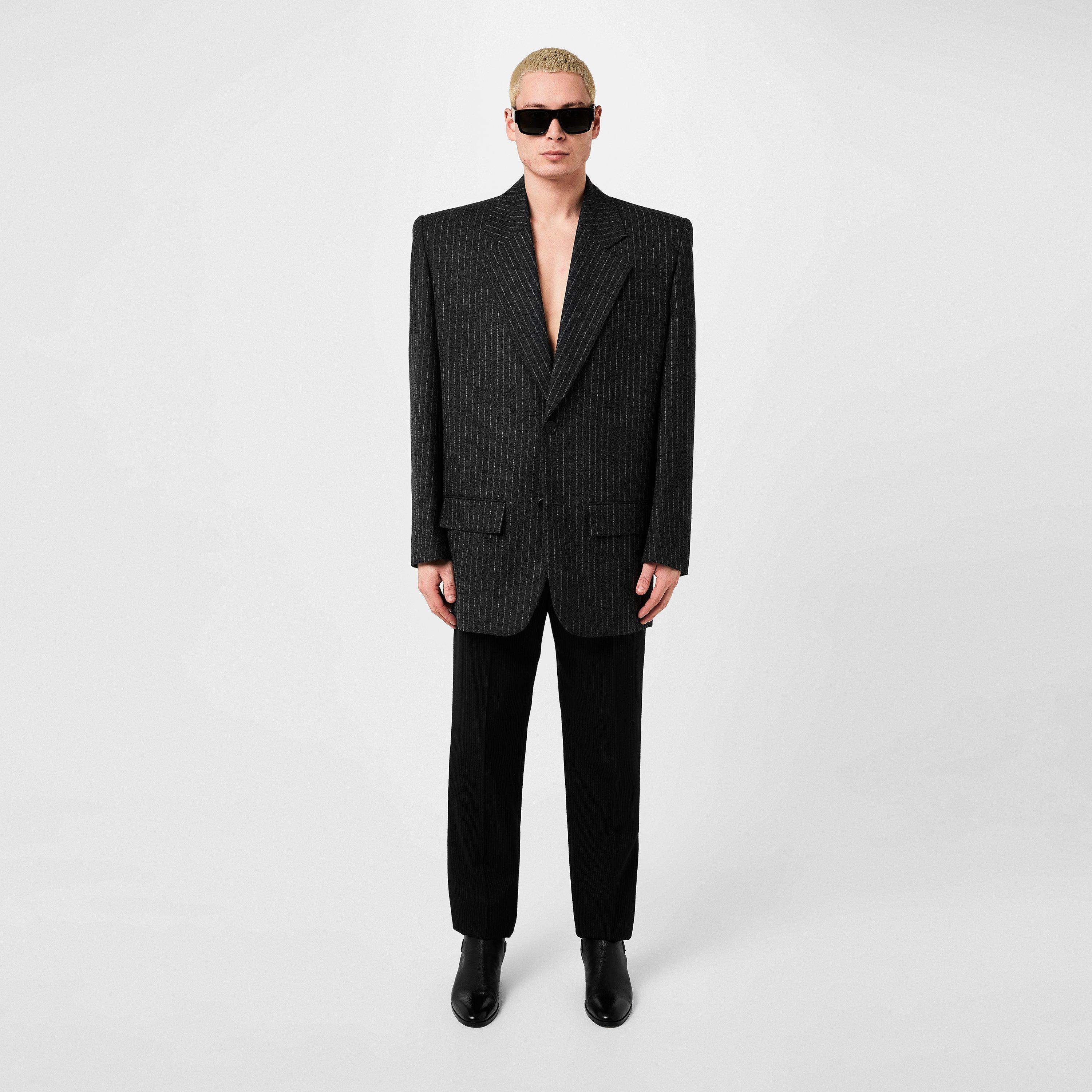 Gris Blanc - Saint Laurent - Men's Over-Sized Wool Pinstripe Double-Breasted Long Sleeve Blazer - 4
