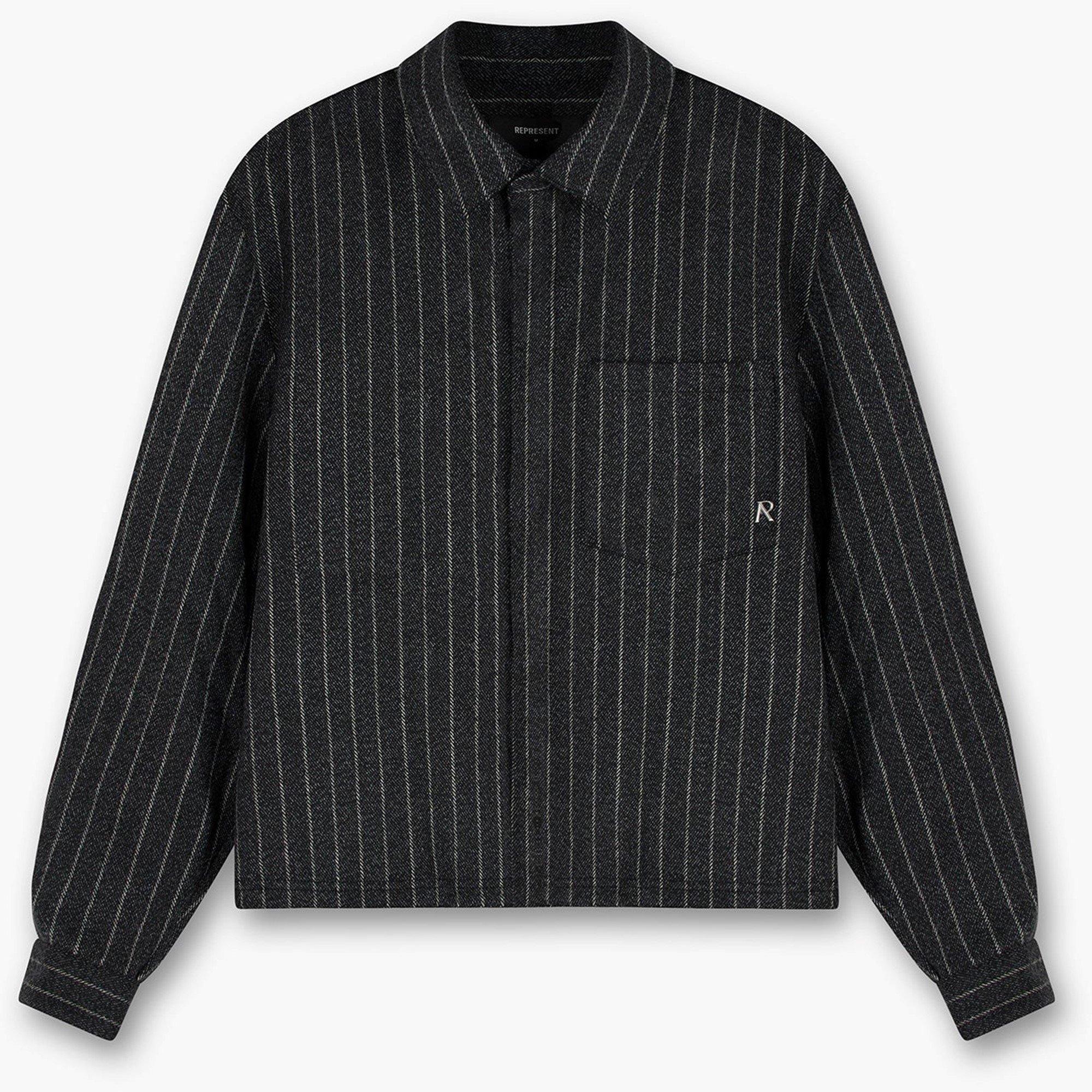 Black Pinstripe - Represent - Men's Cropped Wool Long Sleeve Oversized Fit Overshirt - 1