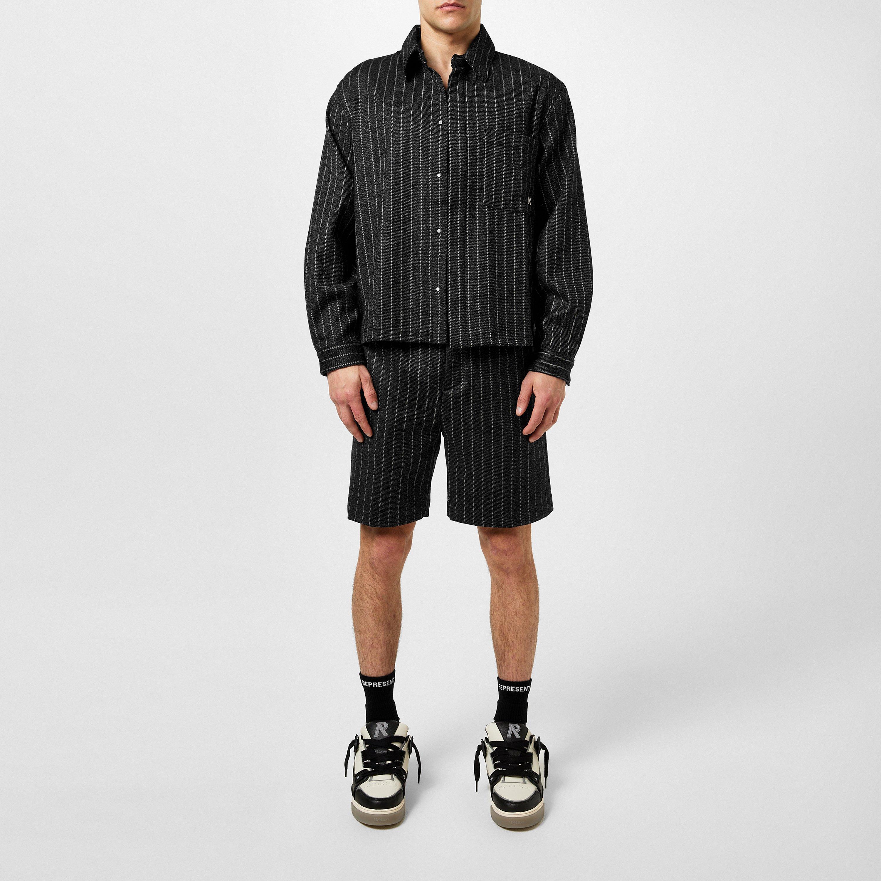 Black Pinstripe - Represent - Men's Cropped Wool Long Sleeve Oversized Fit Overshirt - 4