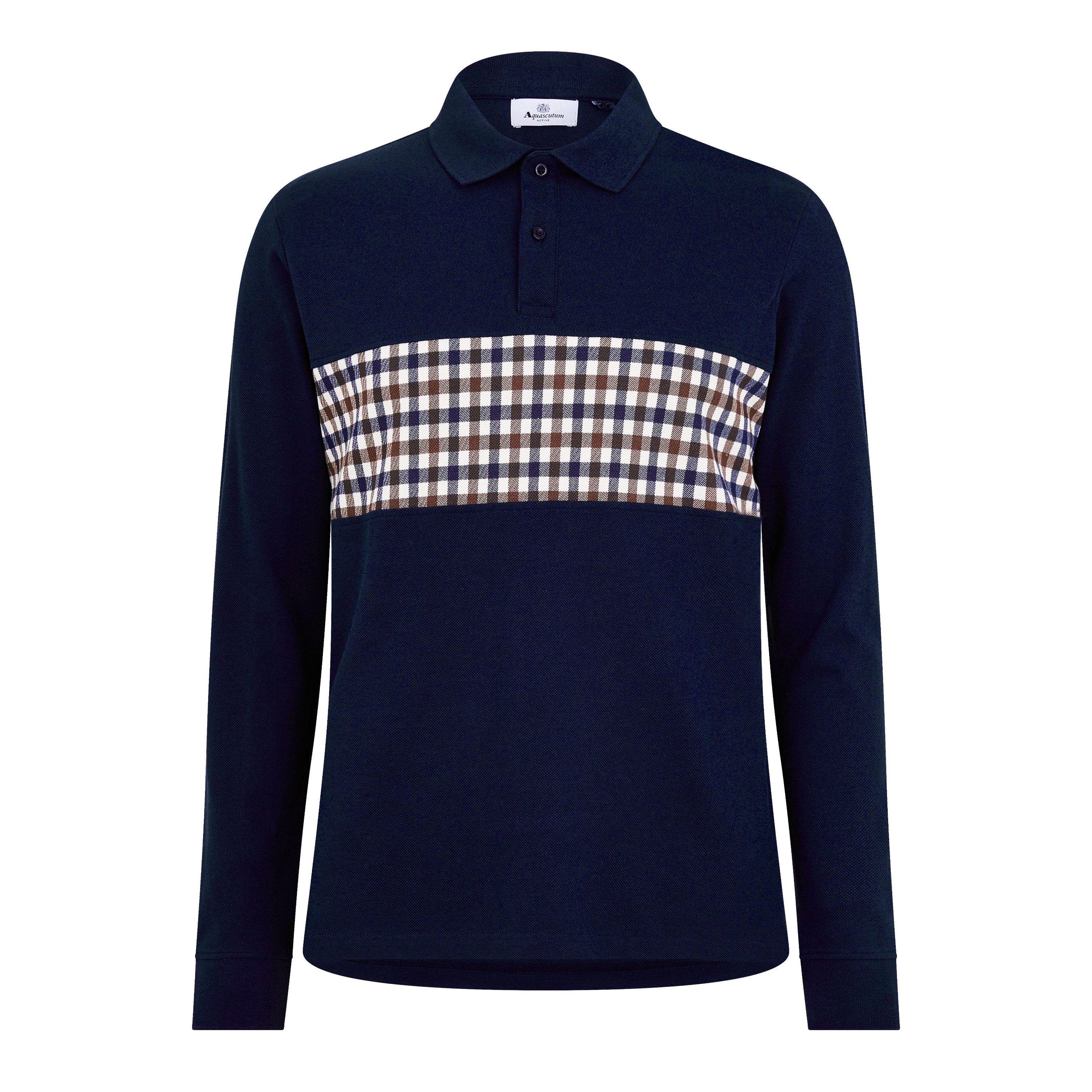 Navy/Check - Aquascutum - Long Sleeved Check Polo Shirt - 1