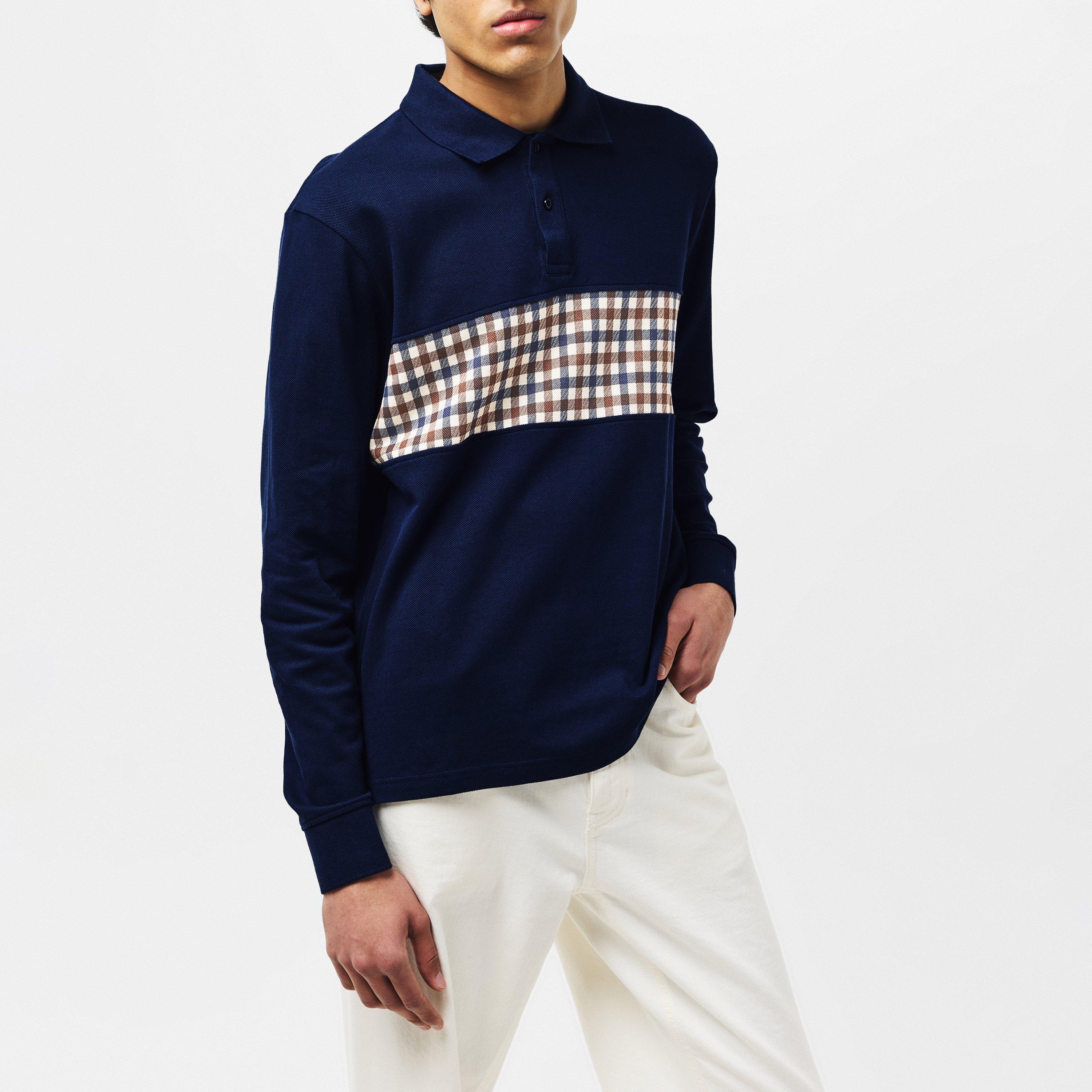 Navy/Check - Aquascutum - Long Sleeved Check Polo Shirt - 3