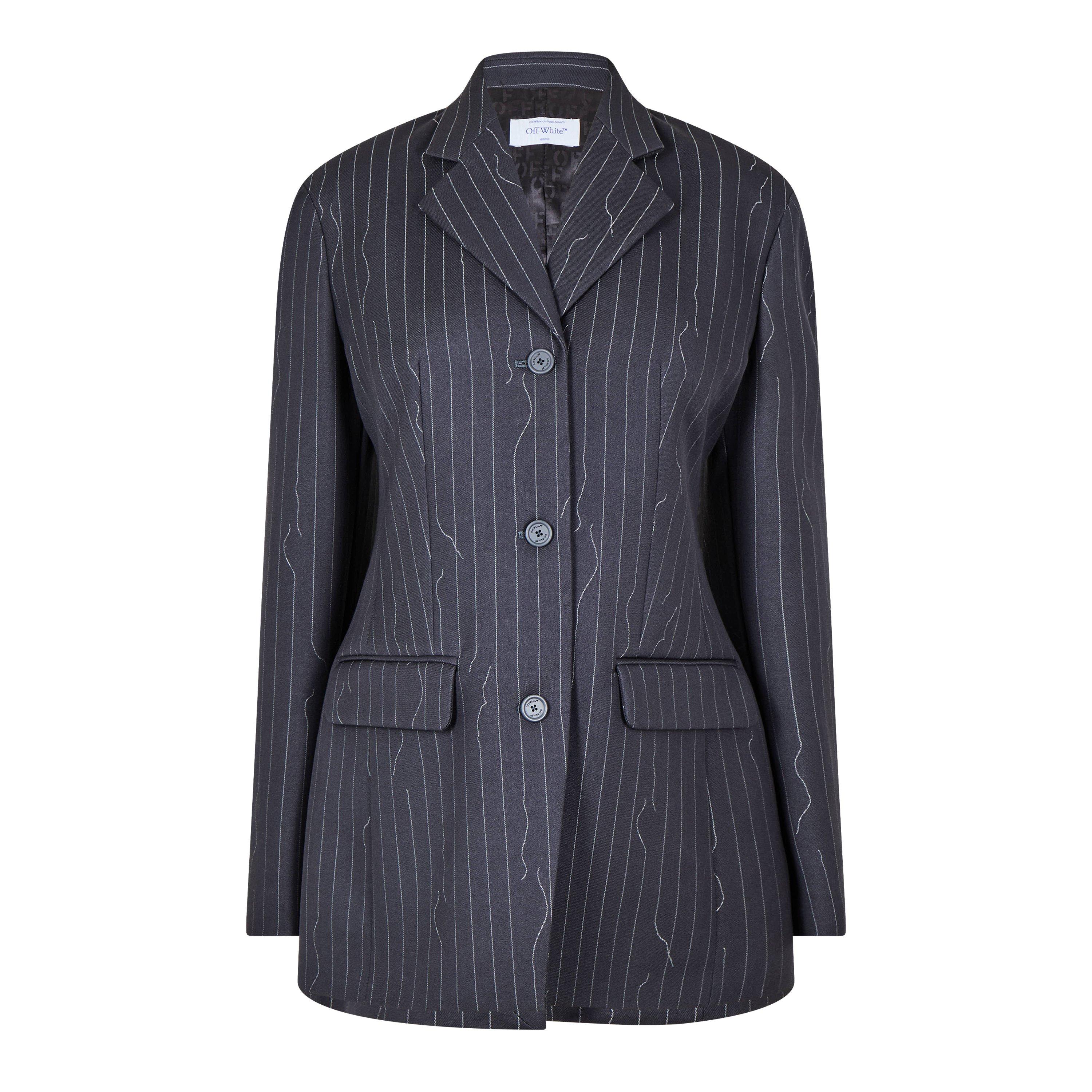 Grey - Off White - Women's Pinstripe Oversized Jacket - 1