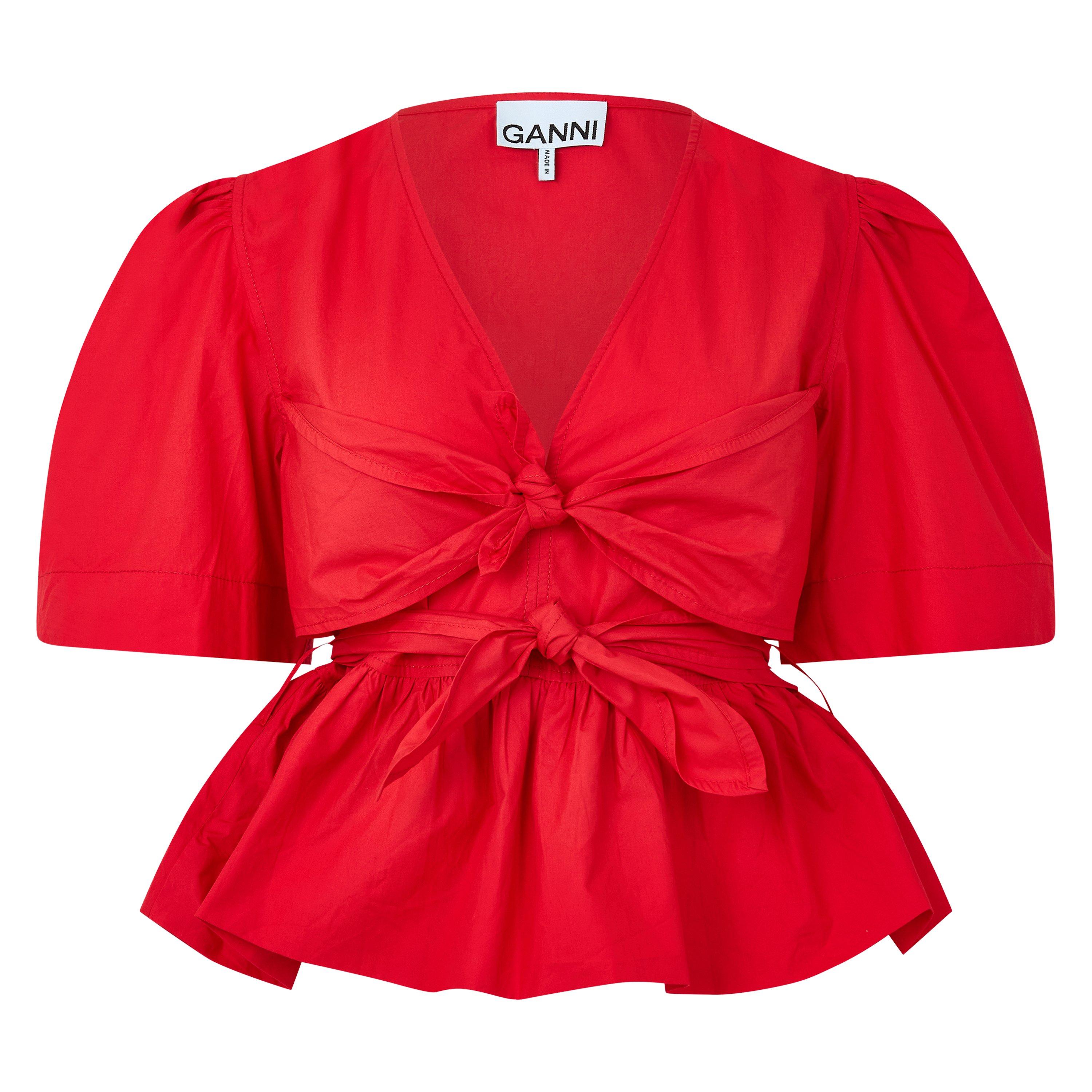 Ganni Women's Poplin Bow Short Sleeve Blouse - Racing Red - Size 12 (38)