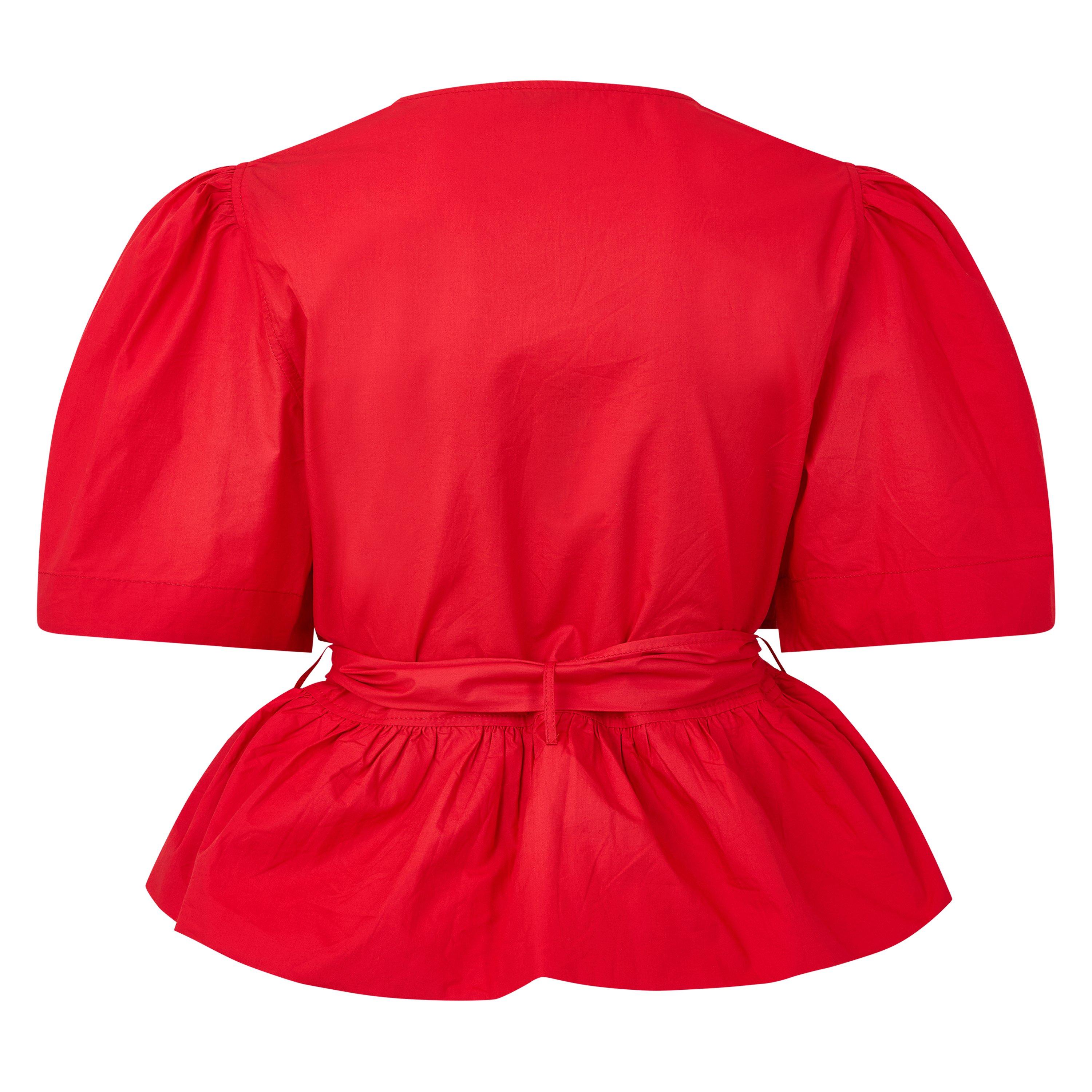 Racing Red - Ganni - Women's Poplin Bow Short Sleeve Blouse - 2