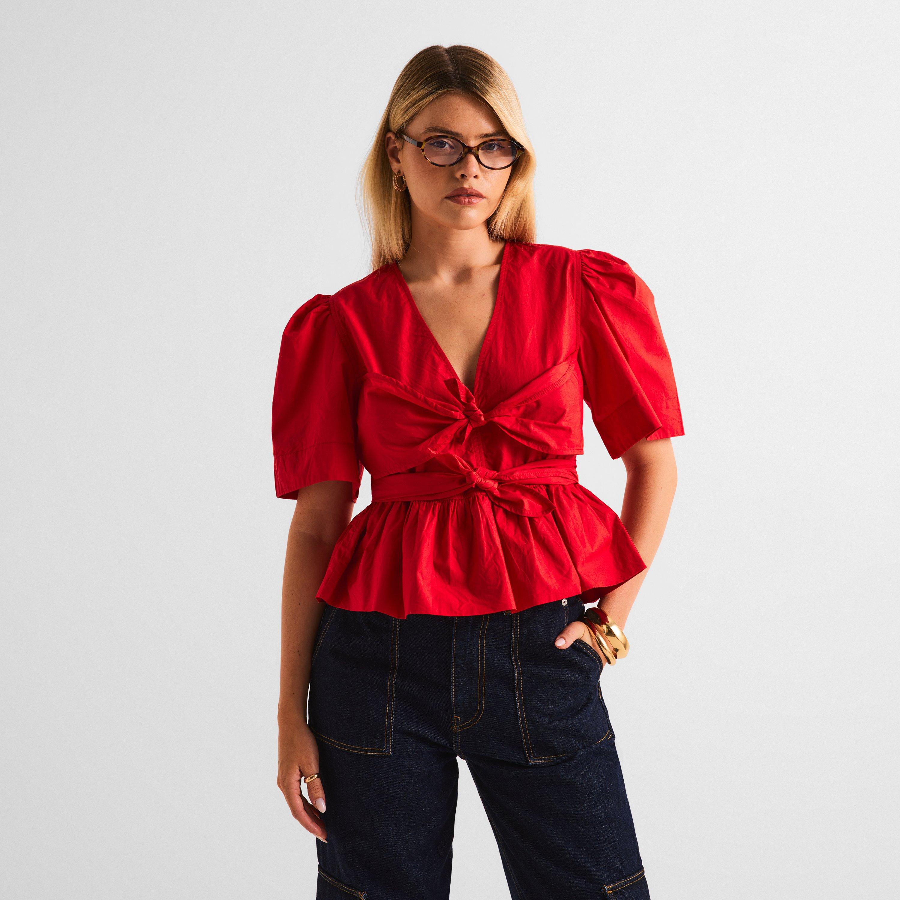 Racing Red - Ganni - Women's Poplin Bow Short Sleeve Blouse - 3