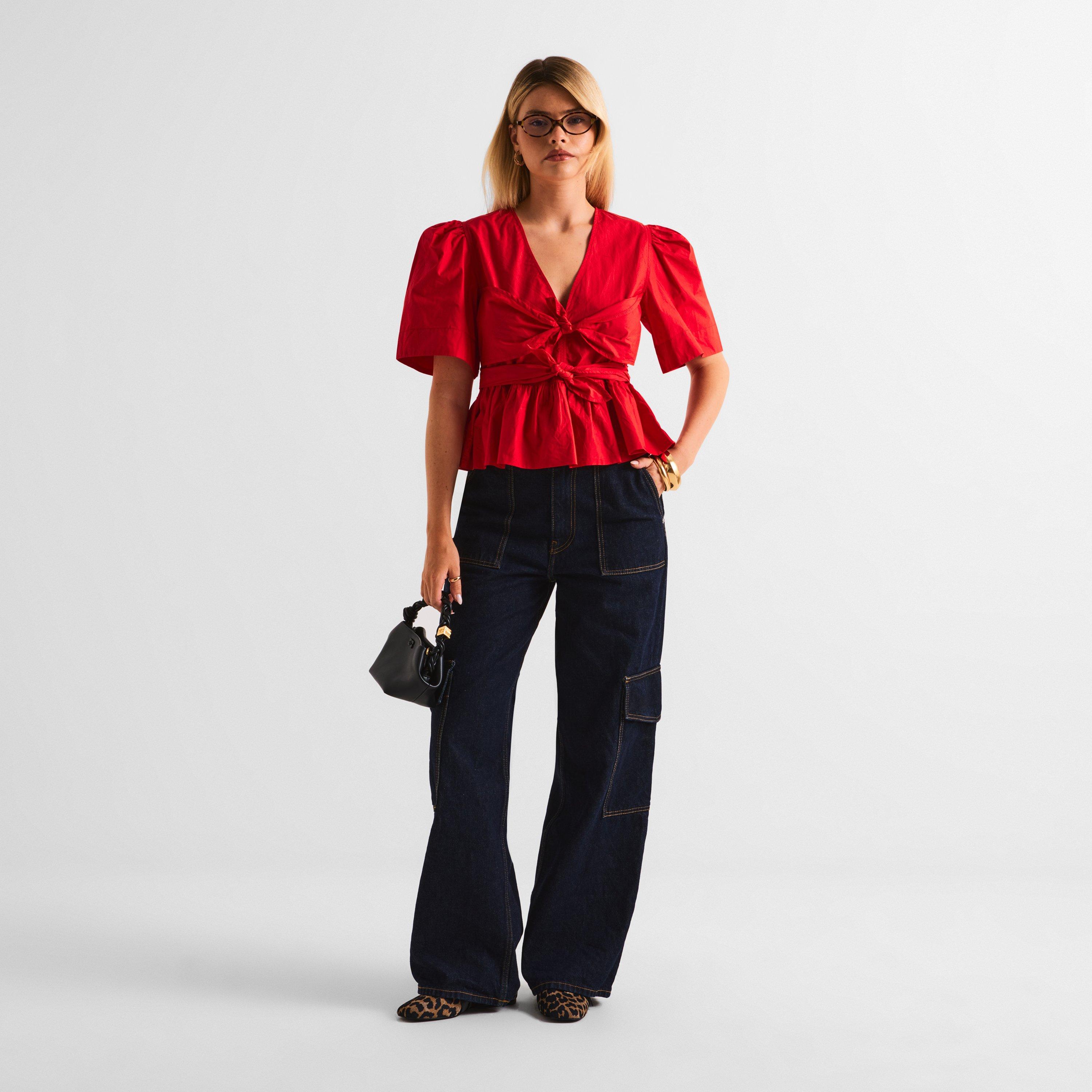 Racing Red - Ganni - Women's Poplin Bow Short Sleeve Blouse - 5