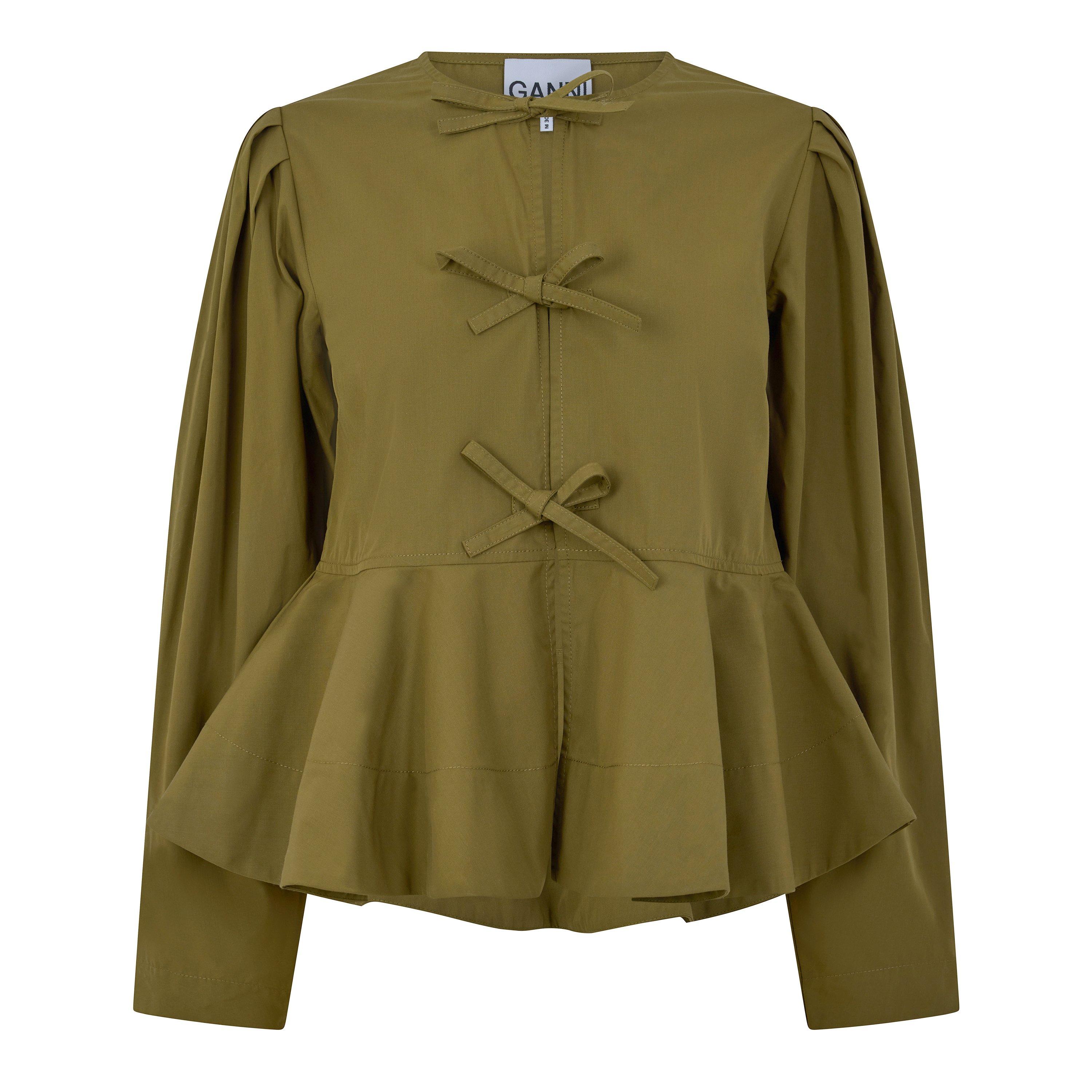 Military Olive - Ganni - Women's Peplum Cotton Short-Sleeve Blouse - 1