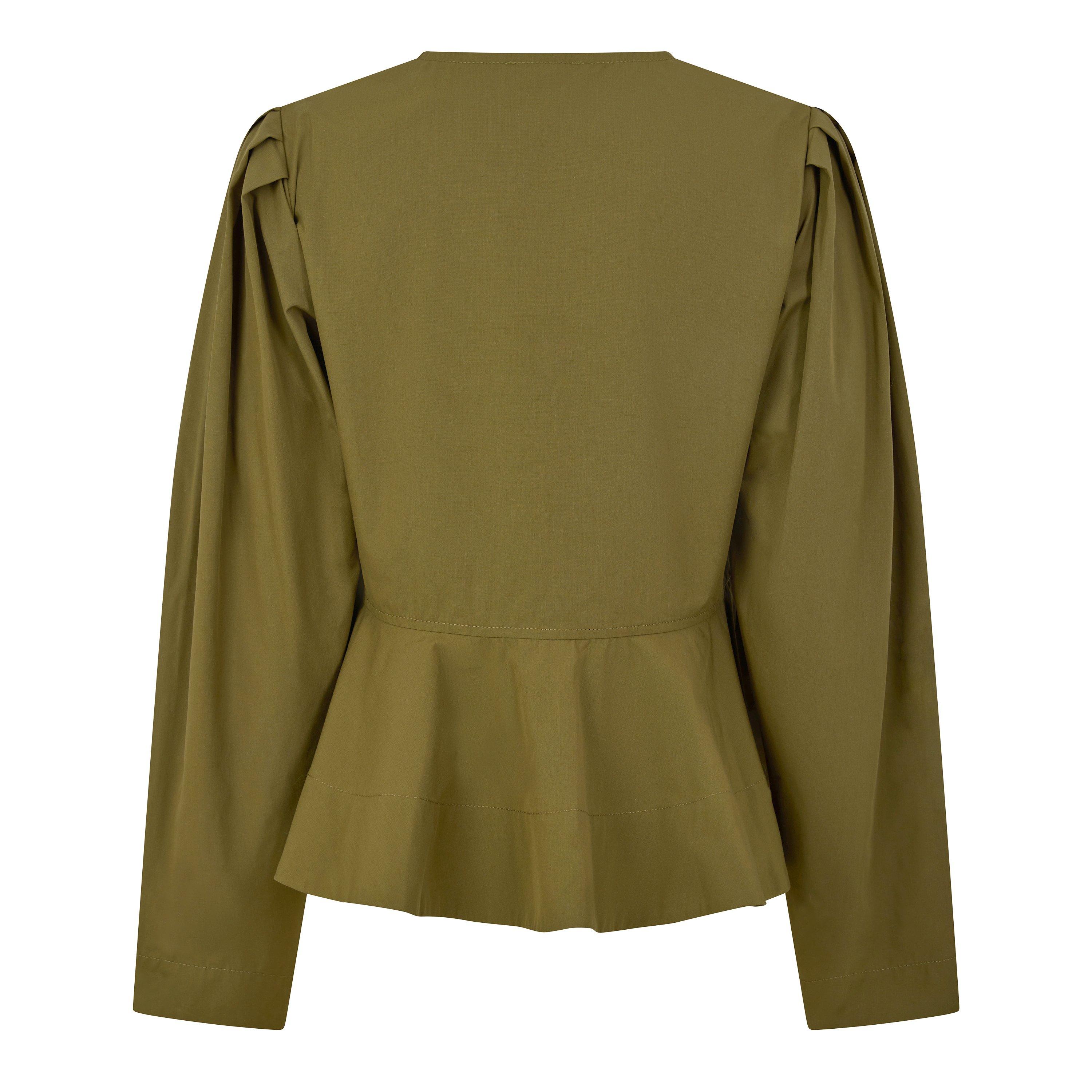 Military Olive - Ganni - Women's Peplum Cotton Short-Sleeve Blouse - 2