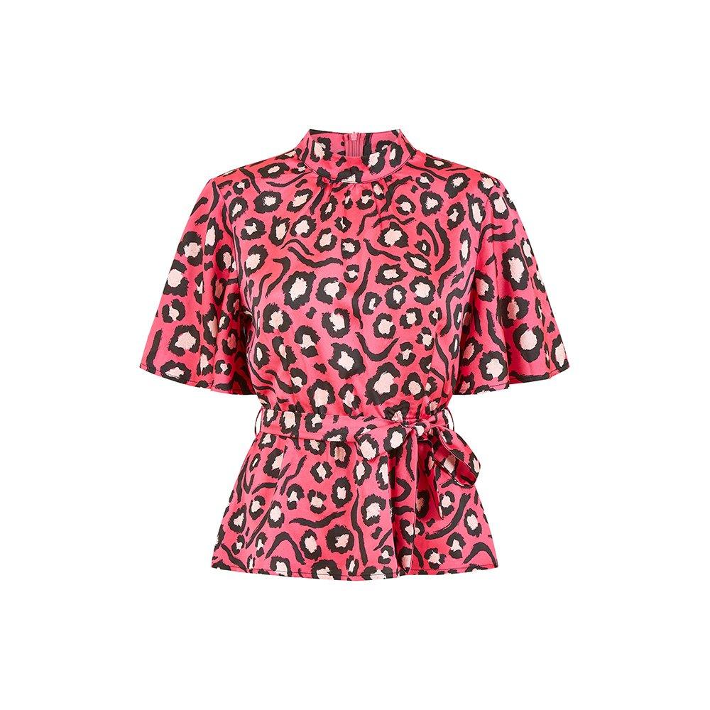 Pink - Mela London - Women's Pink Animal Print Belted High Neck Short-Sleeve Blouse - 1