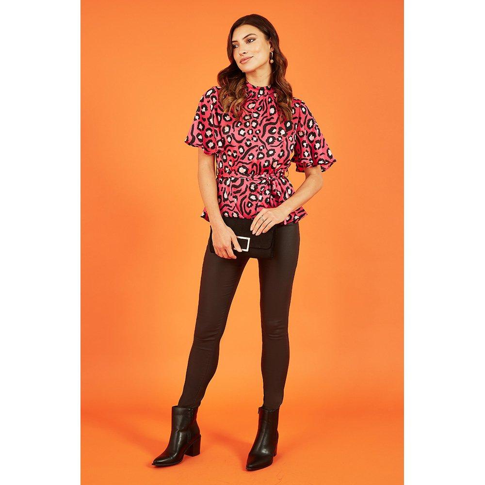 Pink - Mela London - Women's Pink Animal Print Belted High Neck Short-Sleeve Blouse - 2
