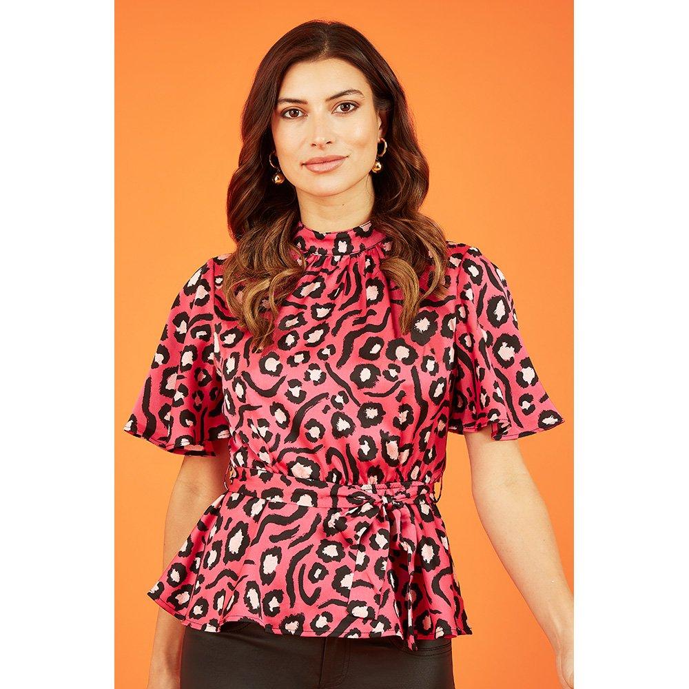 Pink - Mela London - Women's Pink Animal Print Belted High Neck Short-Sleeve Blouse - 3