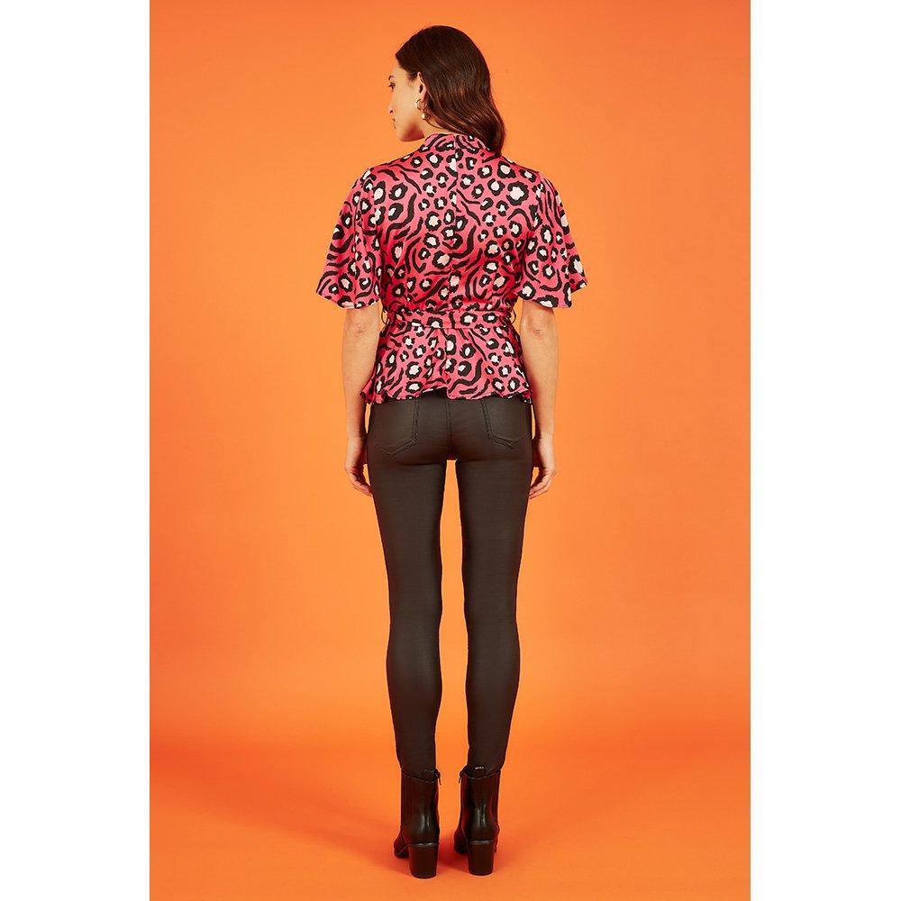 Pink - Mela London - Women's Pink Animal Print Belted High Neck Short-Sleeve Blouse - 4