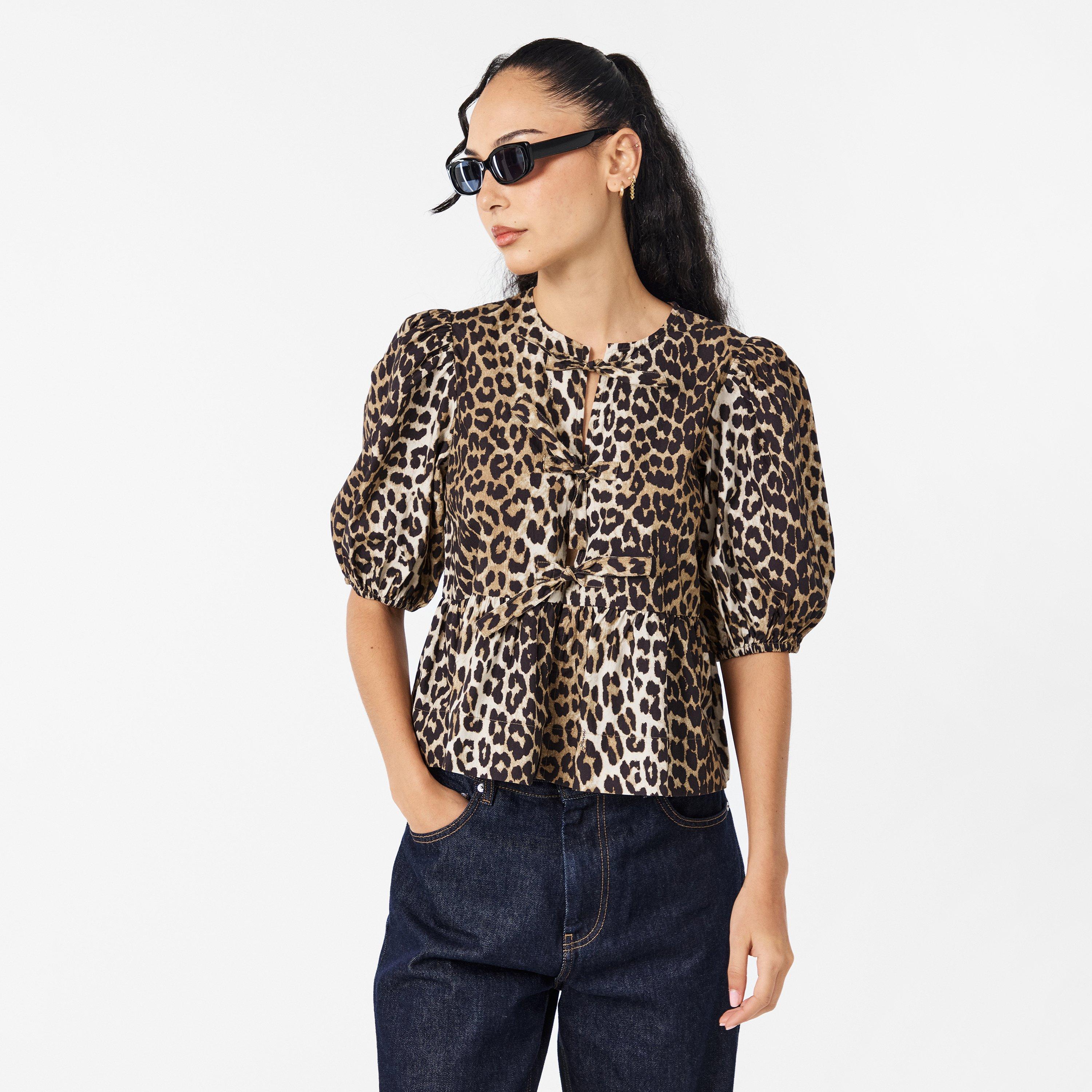 Leopard - Ganni - Women's Peplum Short Sleeve Blouse - 3