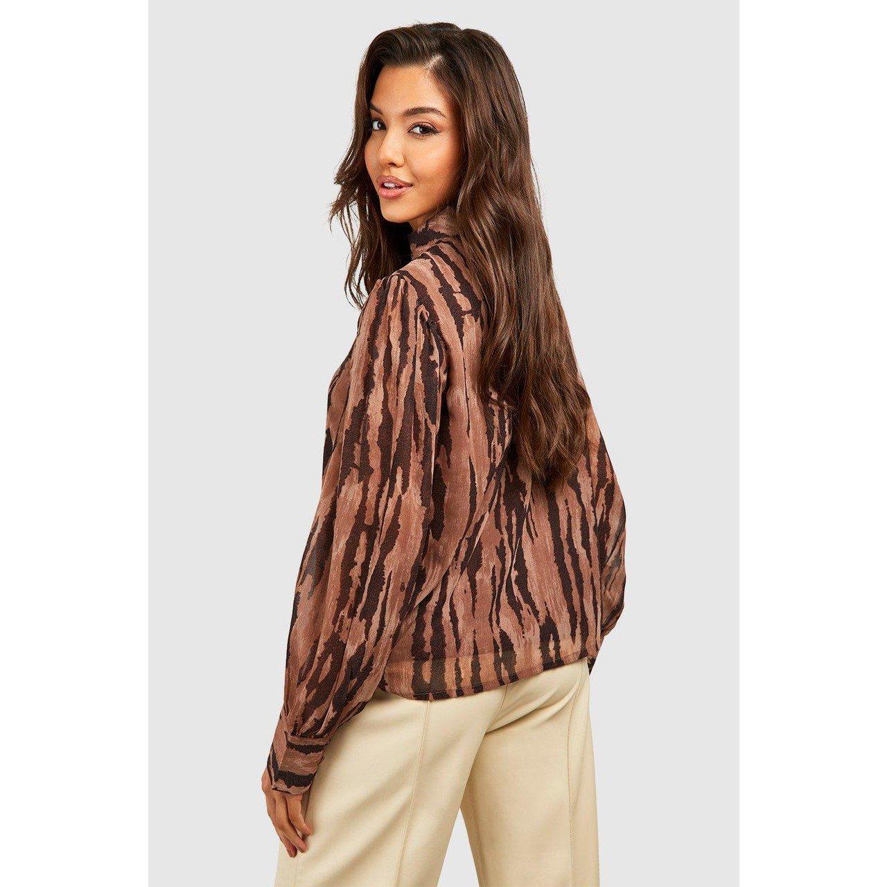 Beige - Influence - High Neck Short-Sleeve Blouse - 2