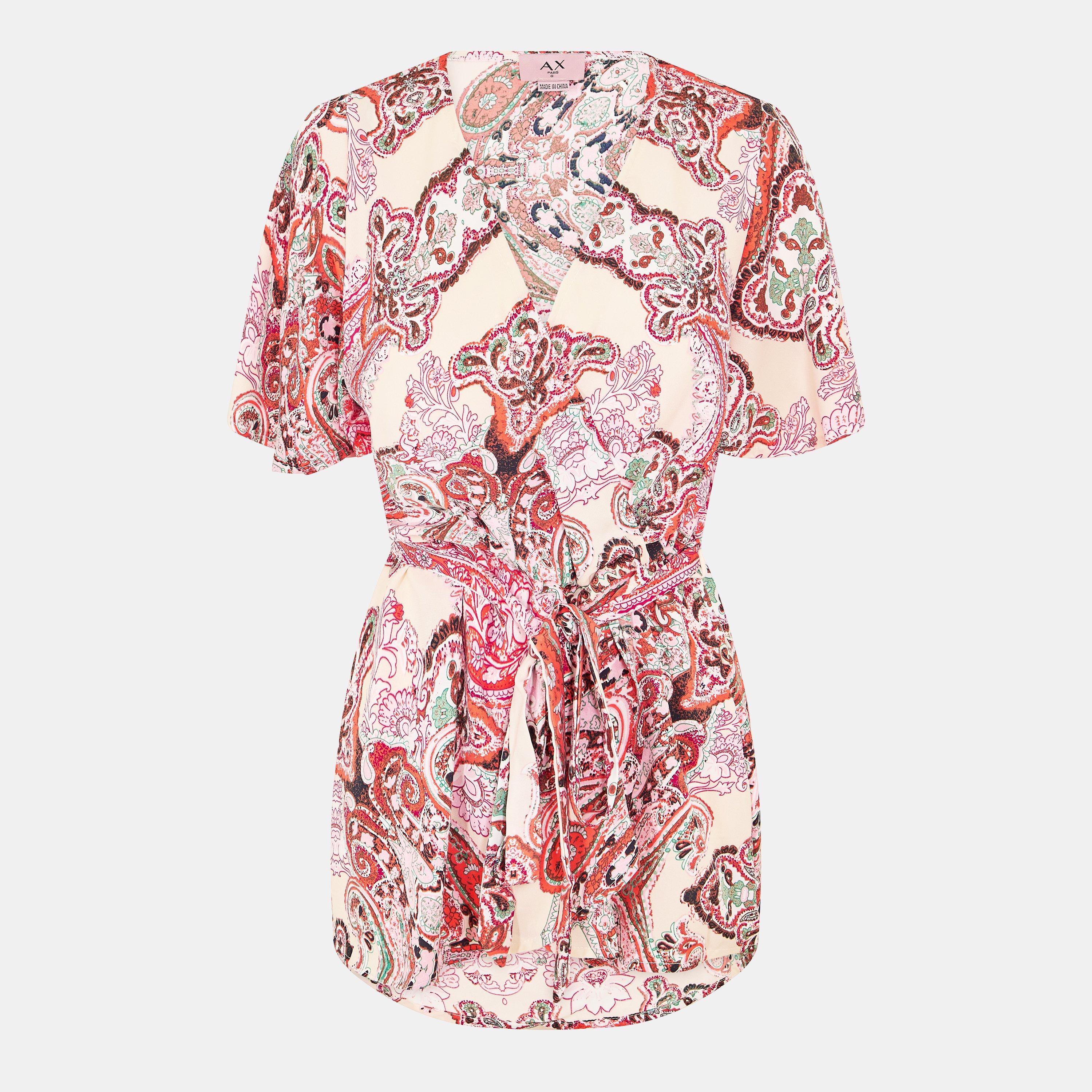 AX Paris Multi Paisley Print Wrap Short Sleeve Belted Top