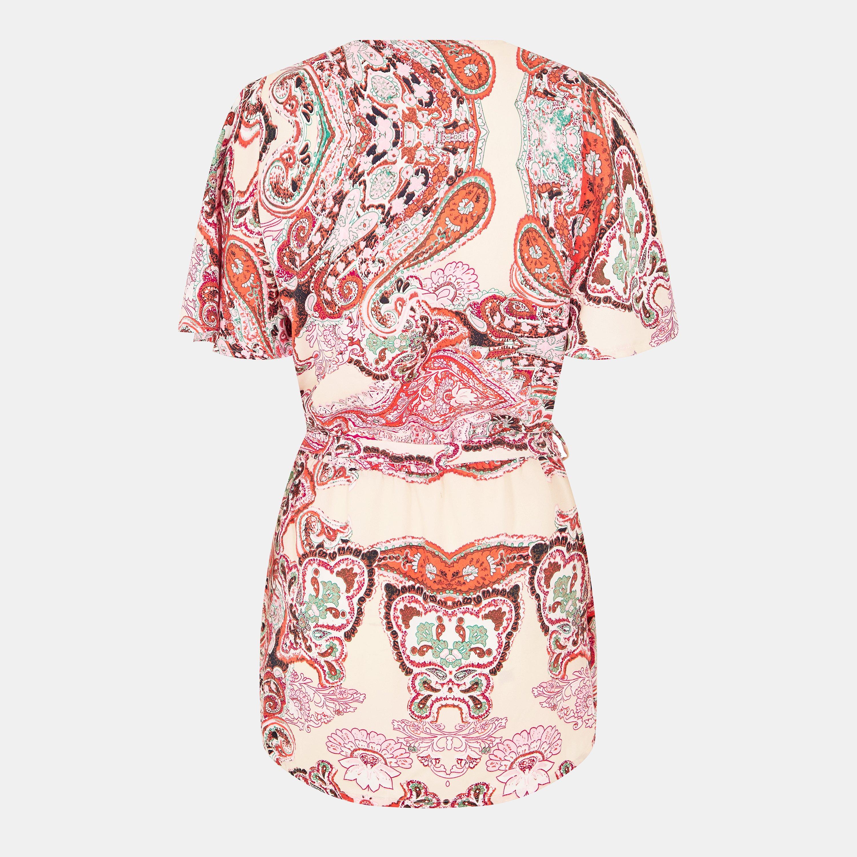 Multi - AX Paris - Multi Paisley Print Wrap Short Sleeve Belted Top - 2