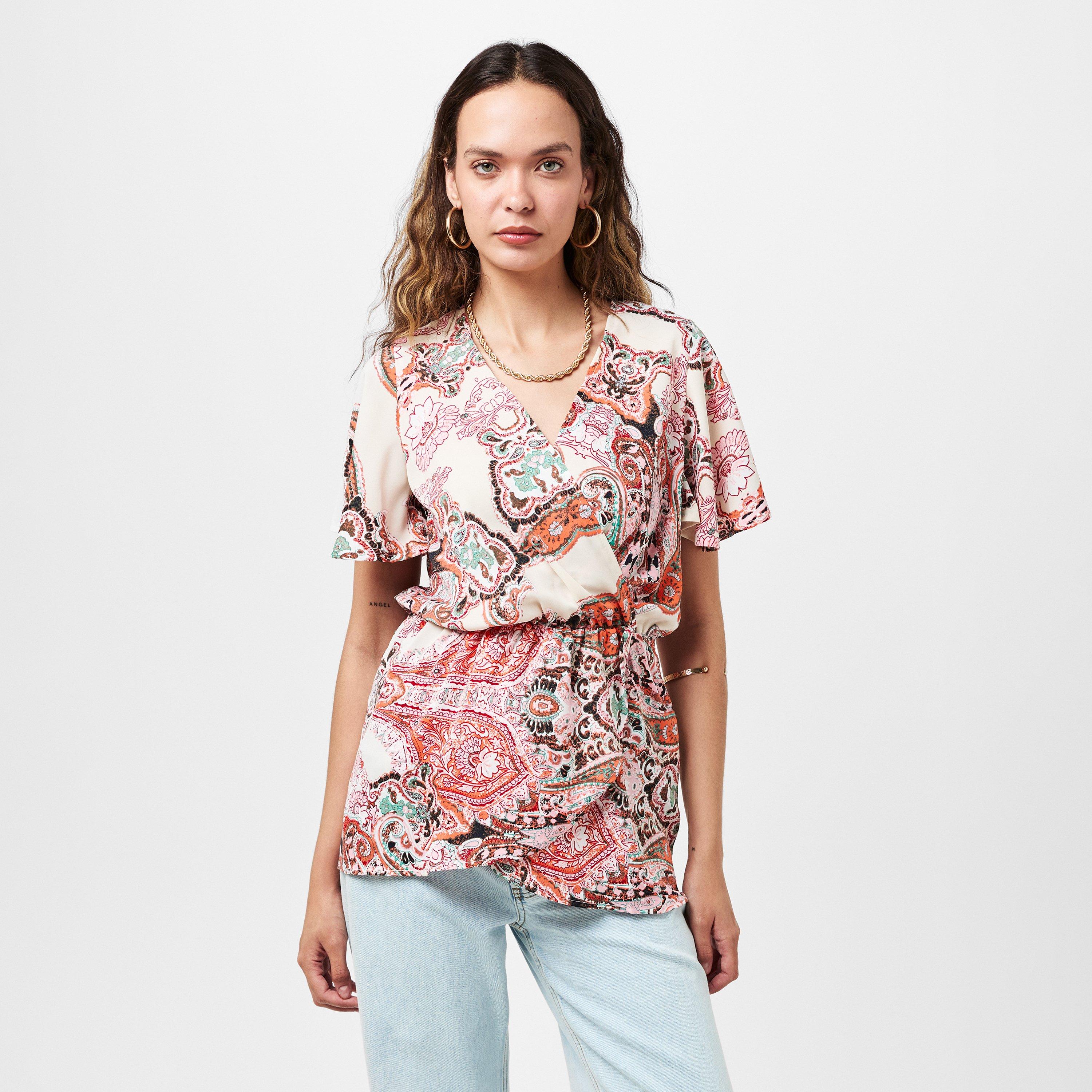 Multi - AX Paris - Multi Paisley Print Wrap Short Sleeve Belted Top - 3