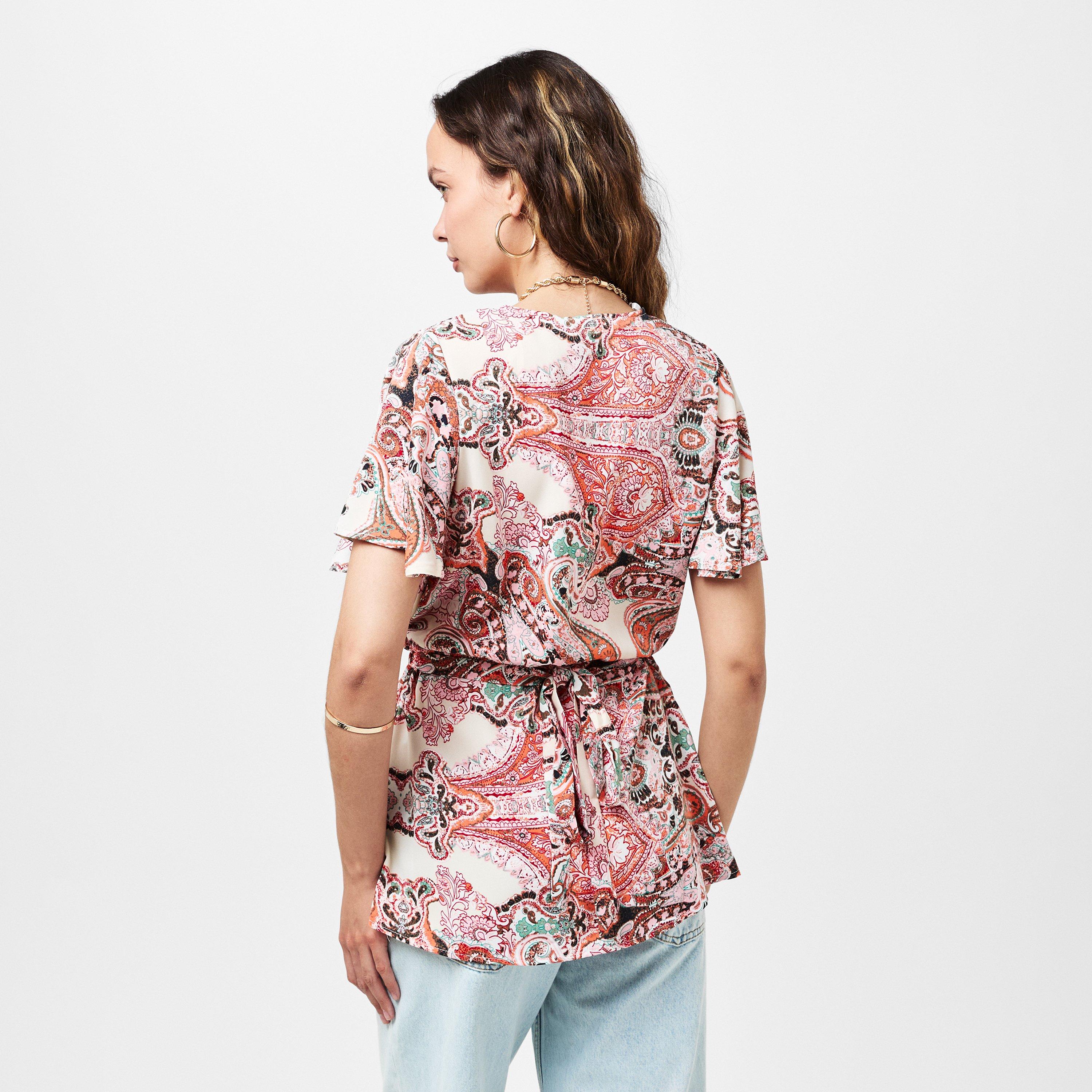 Multi - AX Paris - Multi Paisley Print Wrap Short Sleeve Belted Top - 4