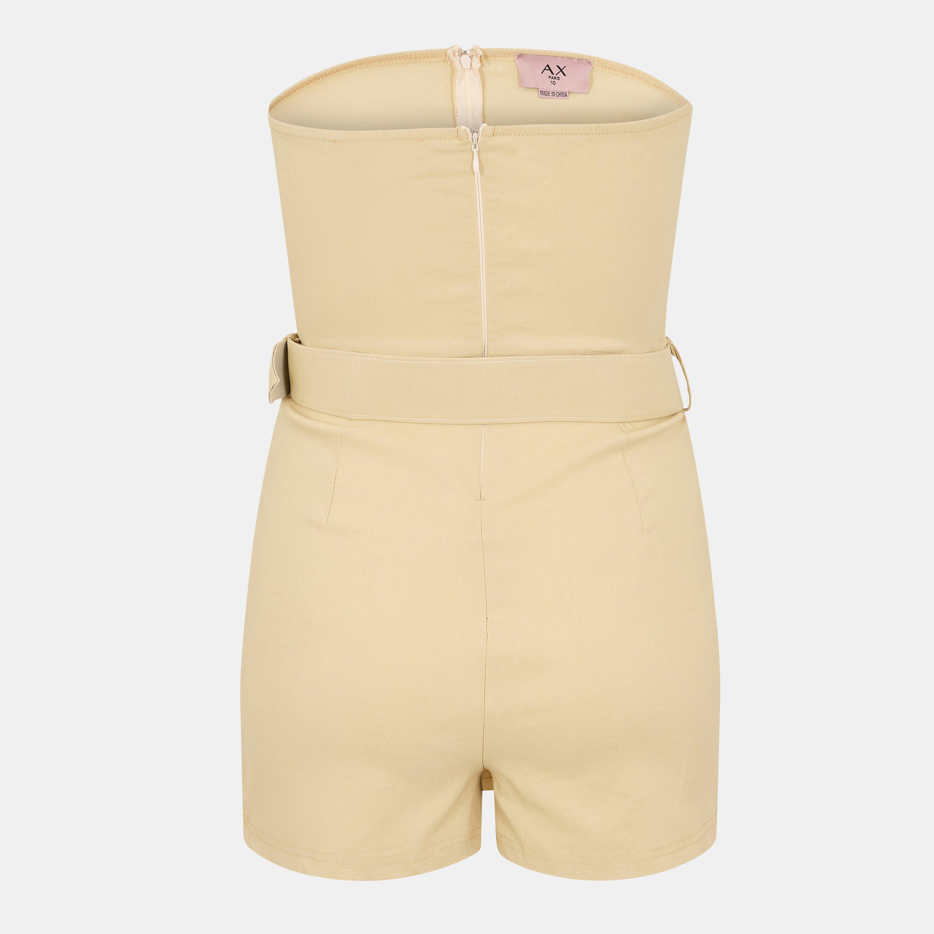 Beige - AX Paris - Stretch Cotton Strapless Belted Skort Playsuit - 2