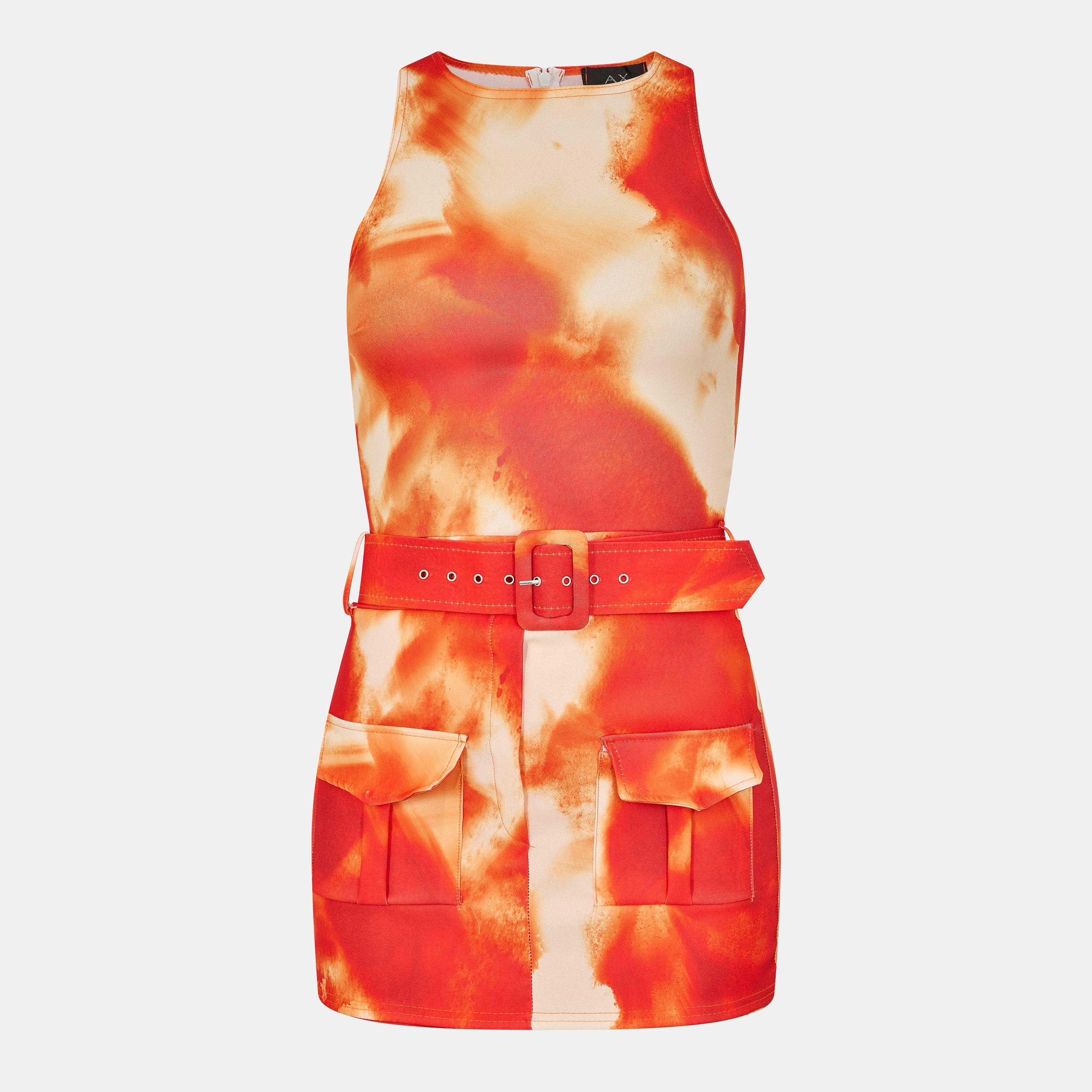 Ax Paris Orange Tie Dye Round Neck Belted Skort Cargo Playsuit