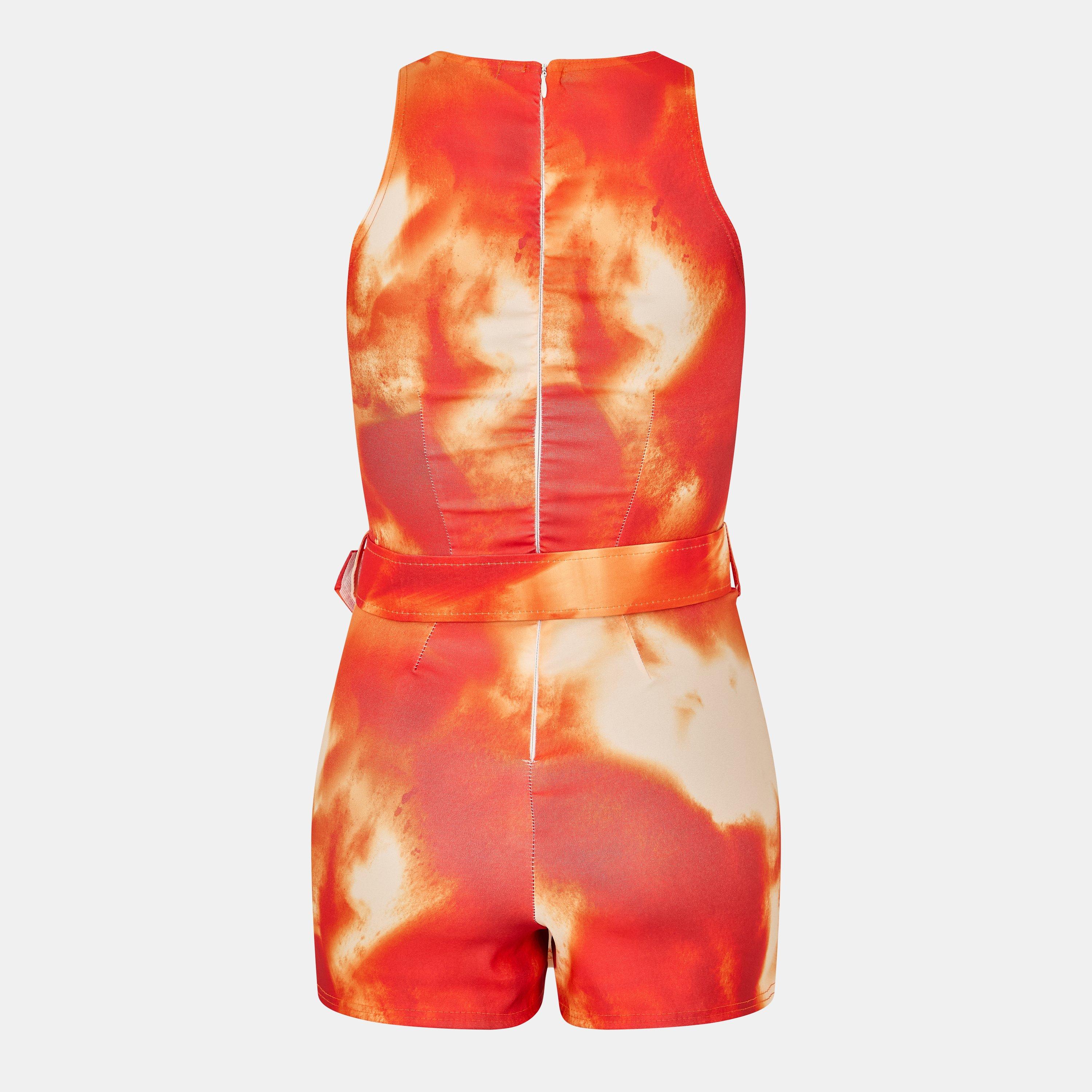 Orange - AX Paris - Orange Tie Dye Round Neck Belted Skort Cargo Playsuit - 2