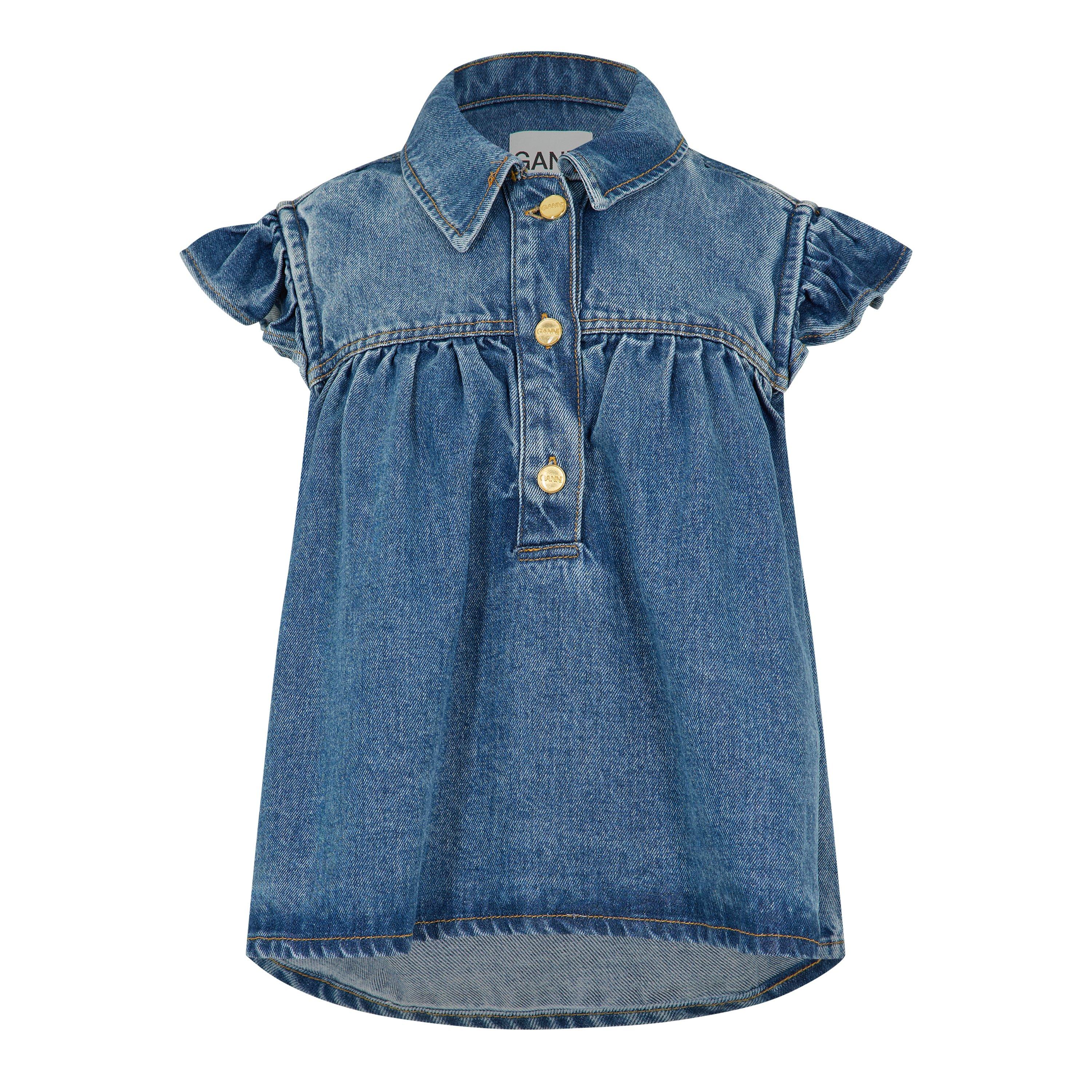 Ganni Women's Denim Top Short Sleeve Blouse - Tint Wash - Size 14 (40)
