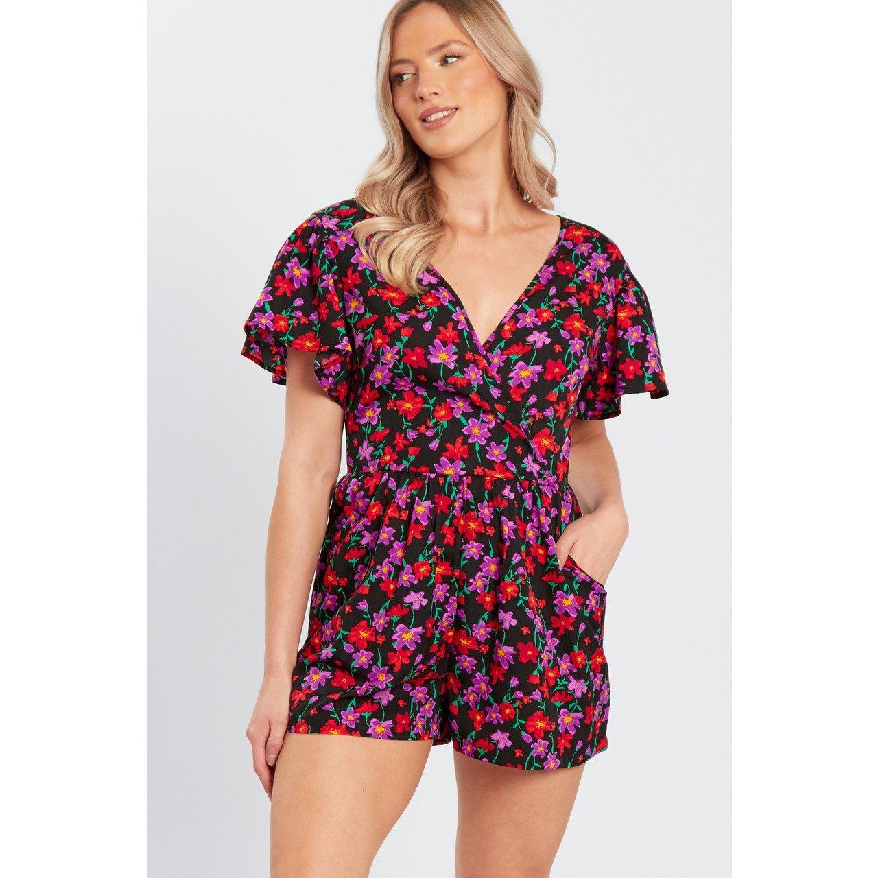 Black - Influence - Women's Floral Wrap Playsuit - 1