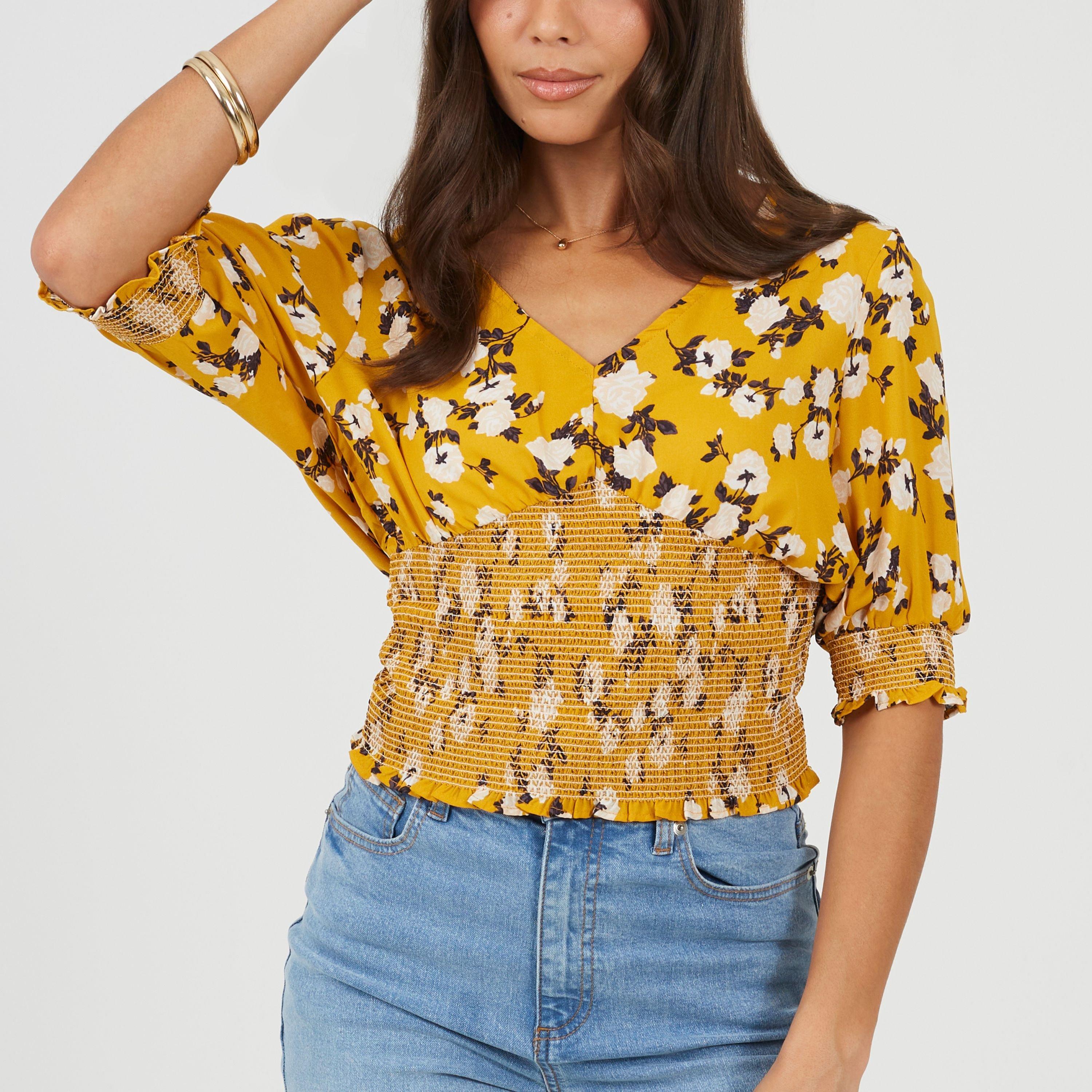 Yellow Floral - Brave Soul - Womens V-Neck Short Sleeve Floral Blouse - 1