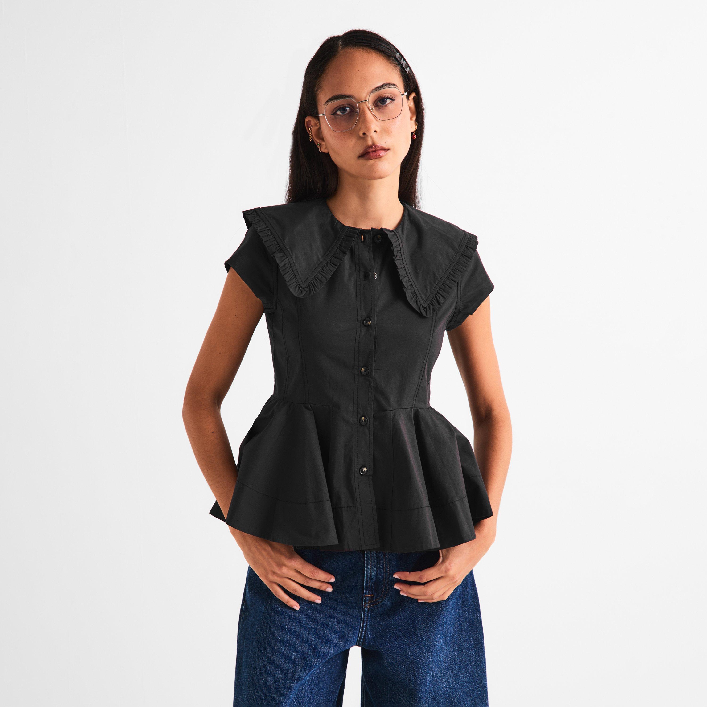 Black - Ganni - Women's Peter Pan Short Sleeve Blouse - 3