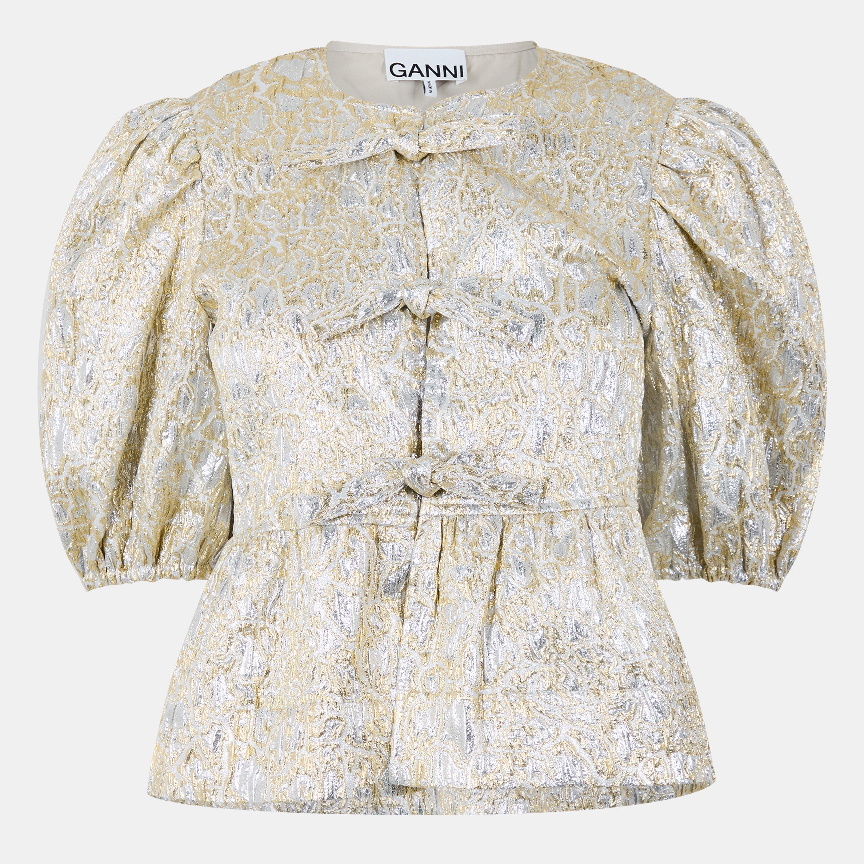 Ganni Women's Cloque Short Sleeve Blouse - Gold/Silver - Size 16 (42)