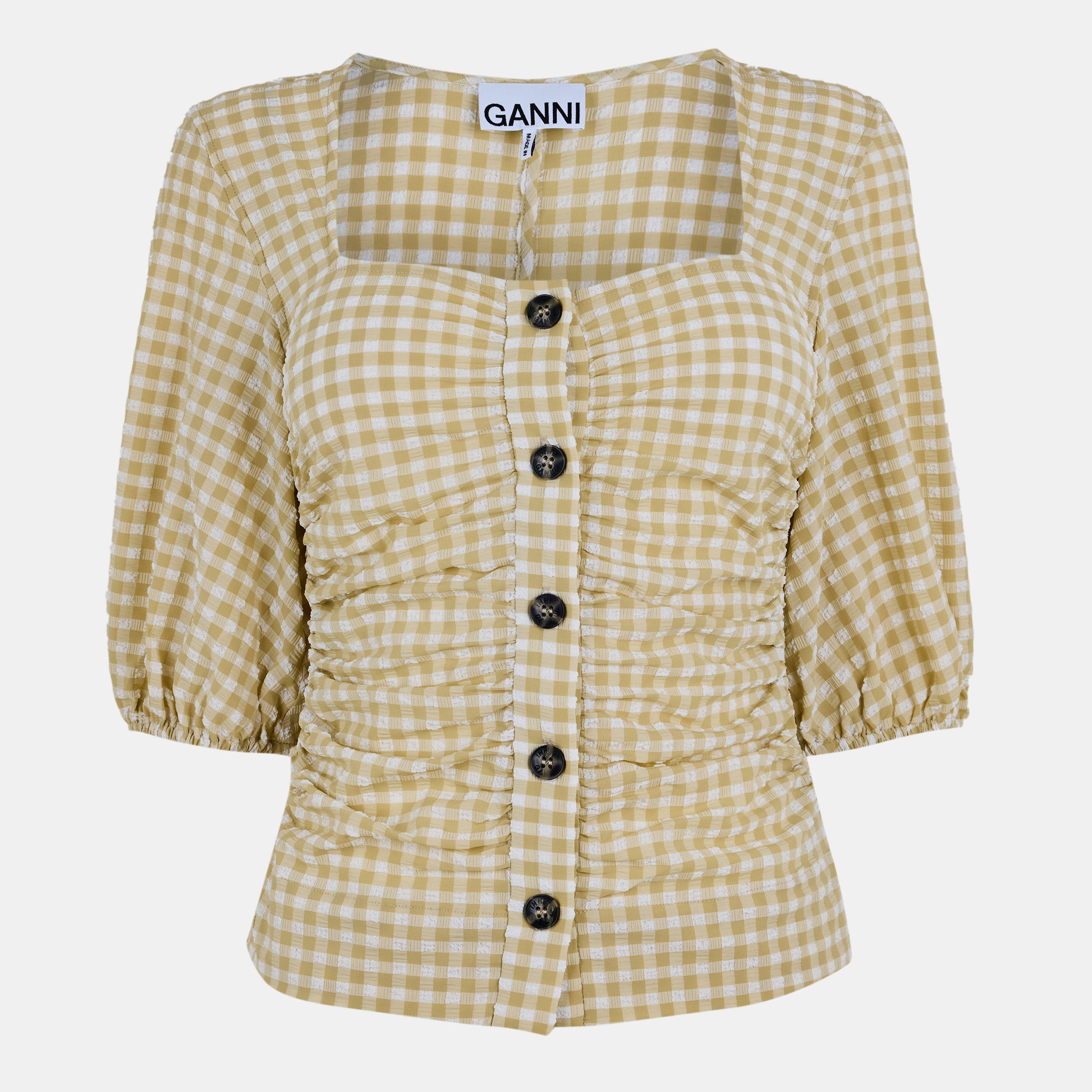 Ganni Women's Gthrd Short Sleeve Blouse - Pale Khaki - Size 8 (34)