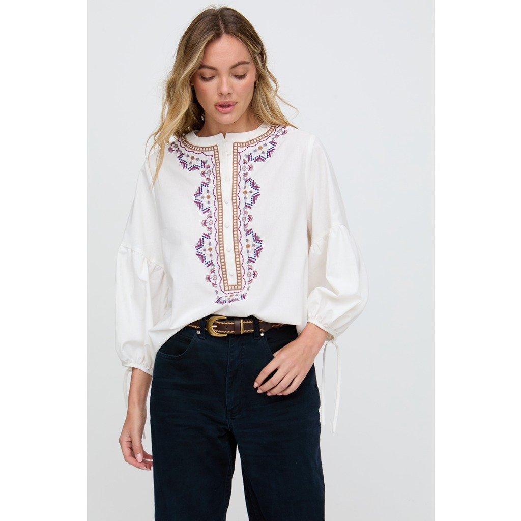 Cream - Raffya - Raffya Anai Half Placket Embroidered Blouse In Cream - 1