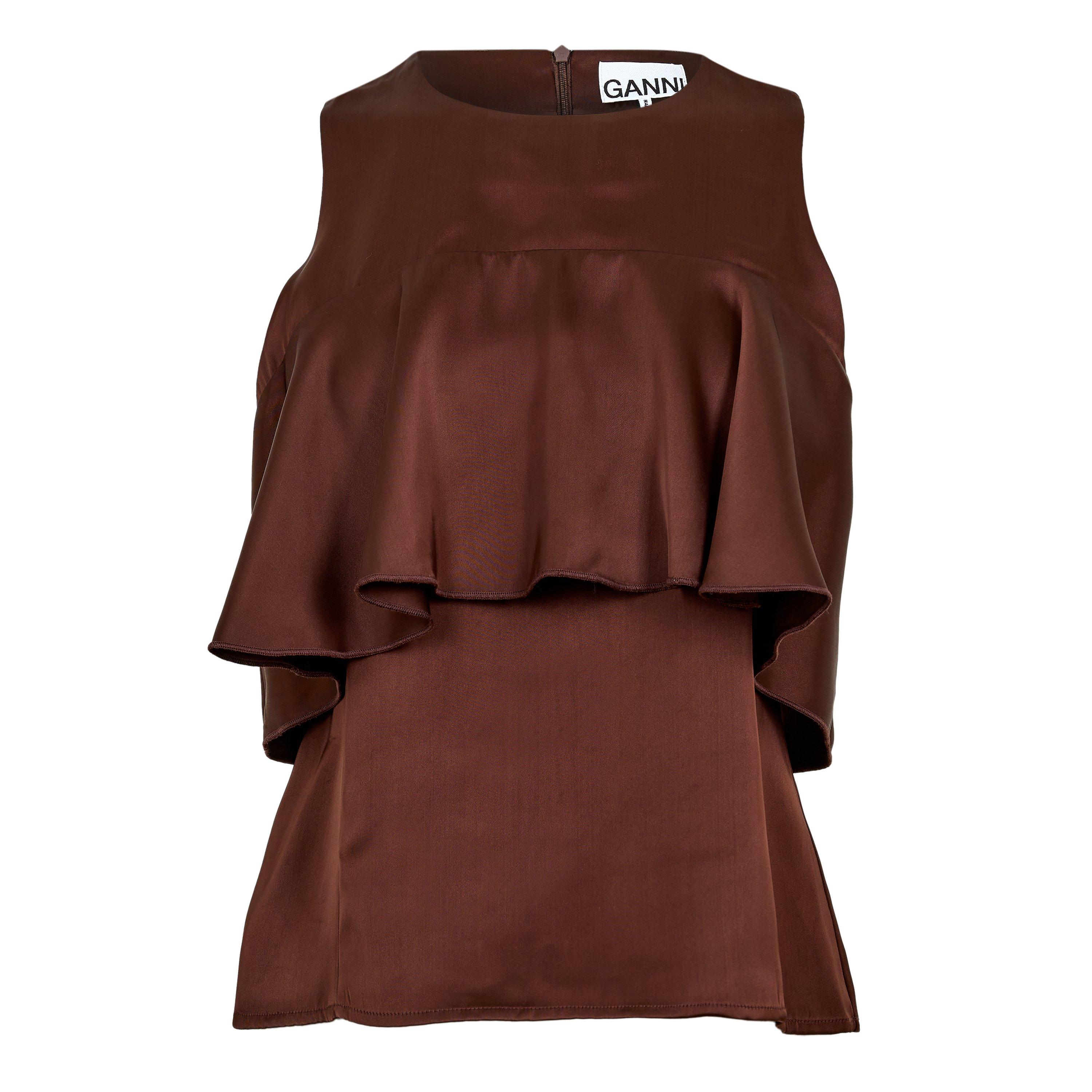 Ganni Women's Satin Ruffle Short Sleeve Blouse - Chicory Coffee - Size 12 (38)