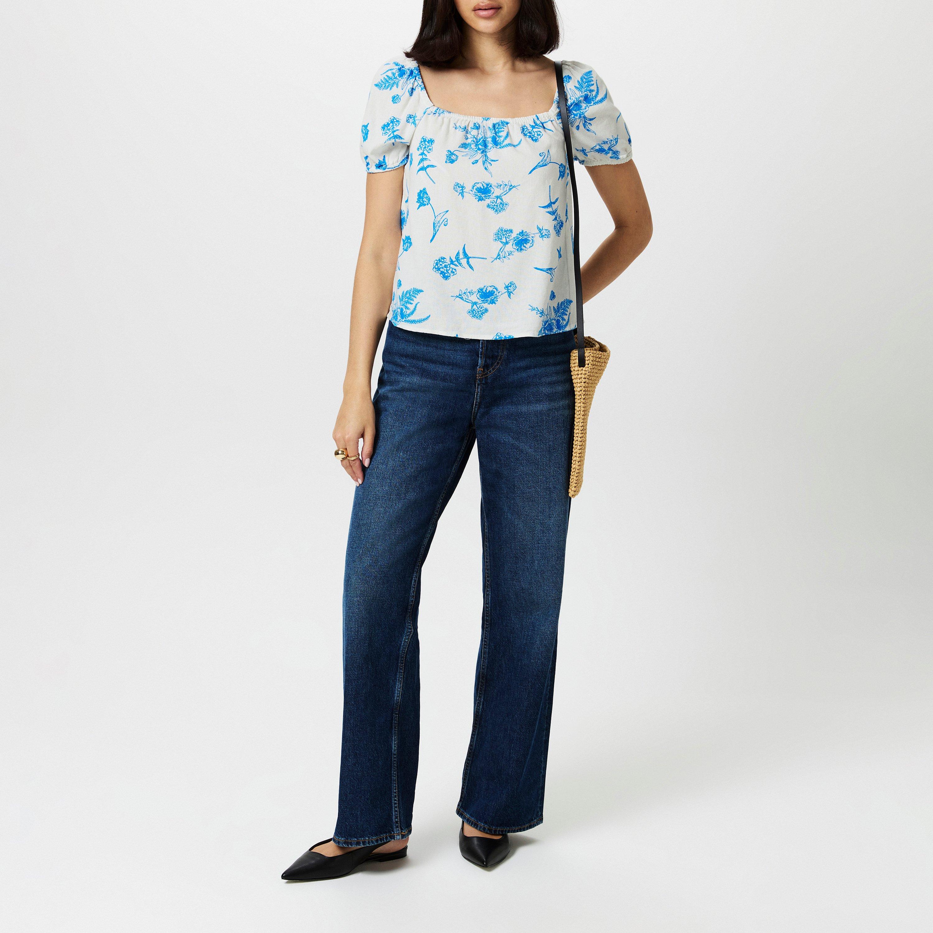 Ibiza Blue AOP - Vero Moda - Women's Linen Short-Sleeve Blouse - 4